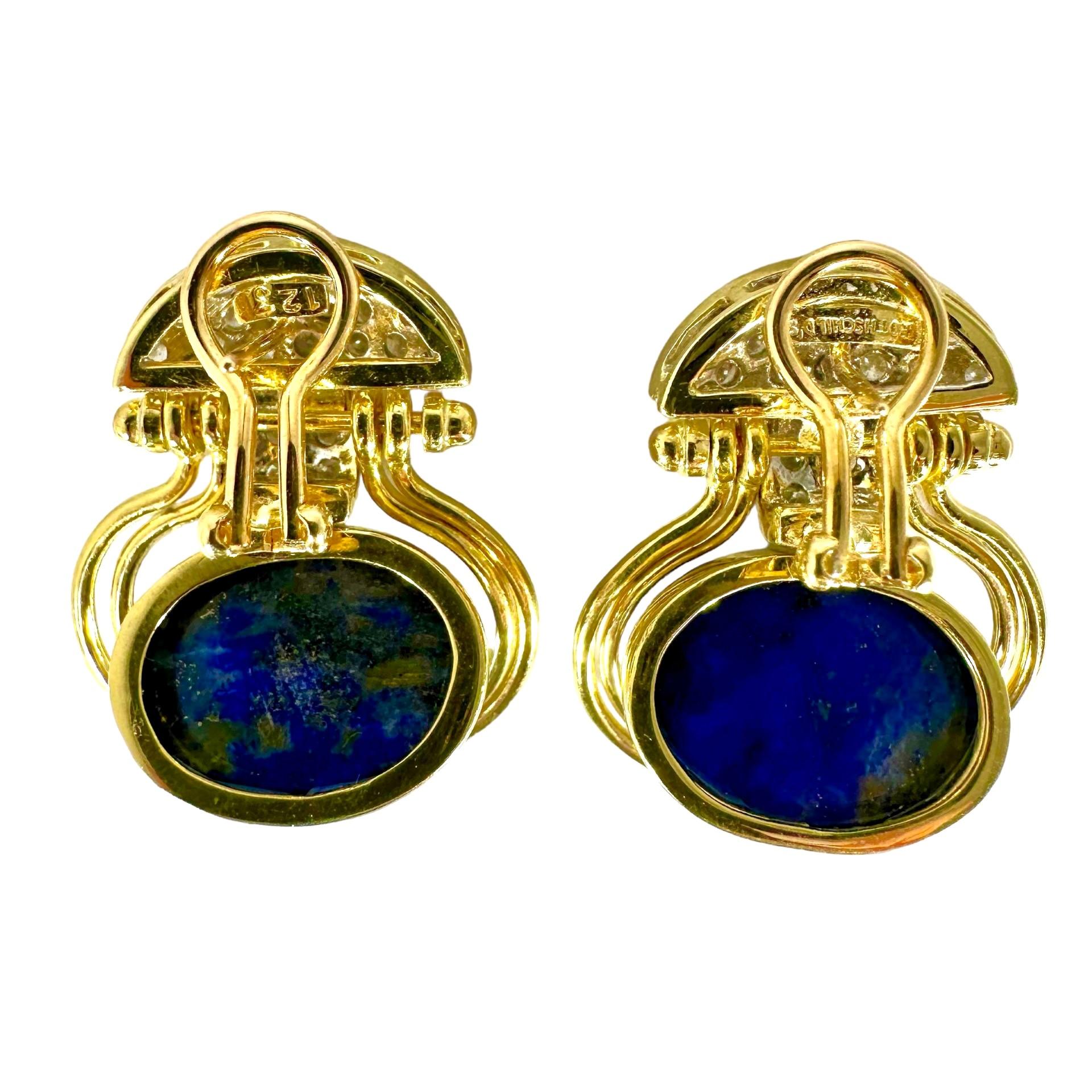Modern Vintage, Tailored, 18k Yellow Gold, Diamond and Lapis Lazuli Hanging Earrings For Sale