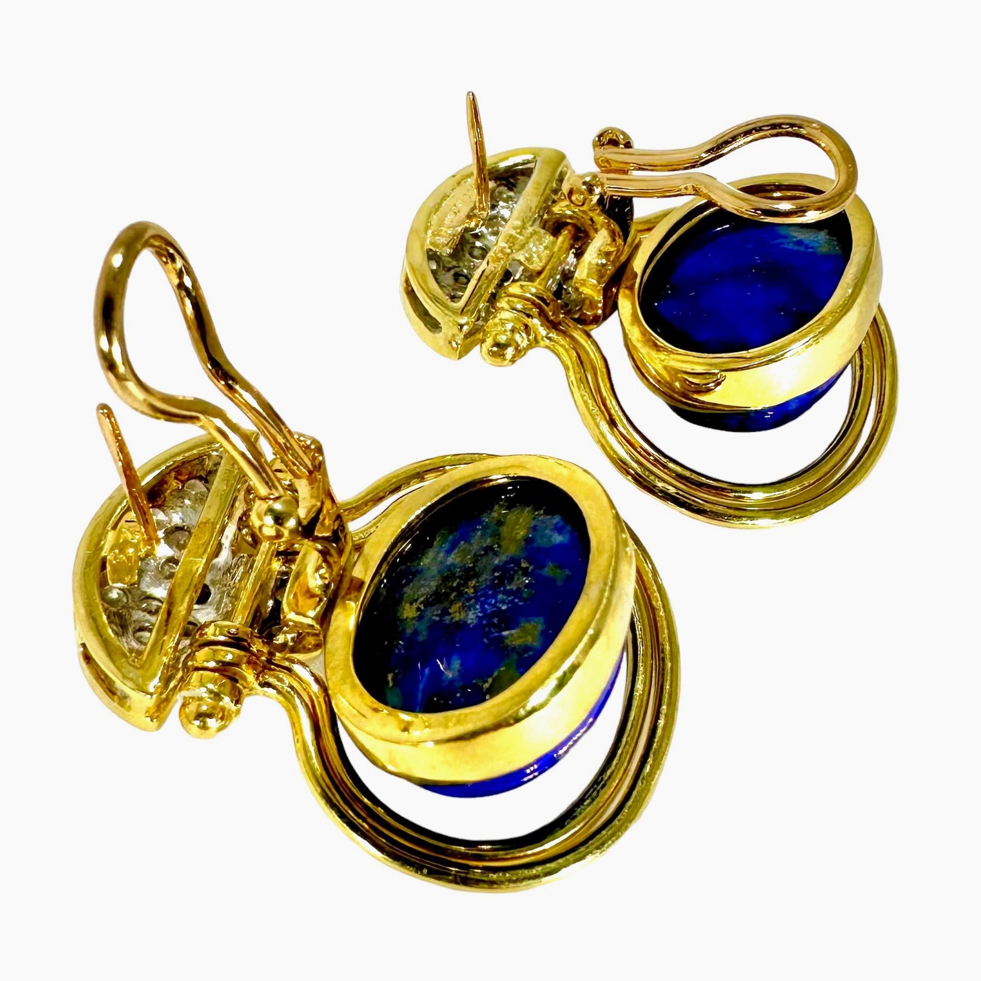Brilliant Cut Vintage, Tailored, 18k Yellow Gold, Diamond and Lapis Lazuli Hanging Earrings For Sale