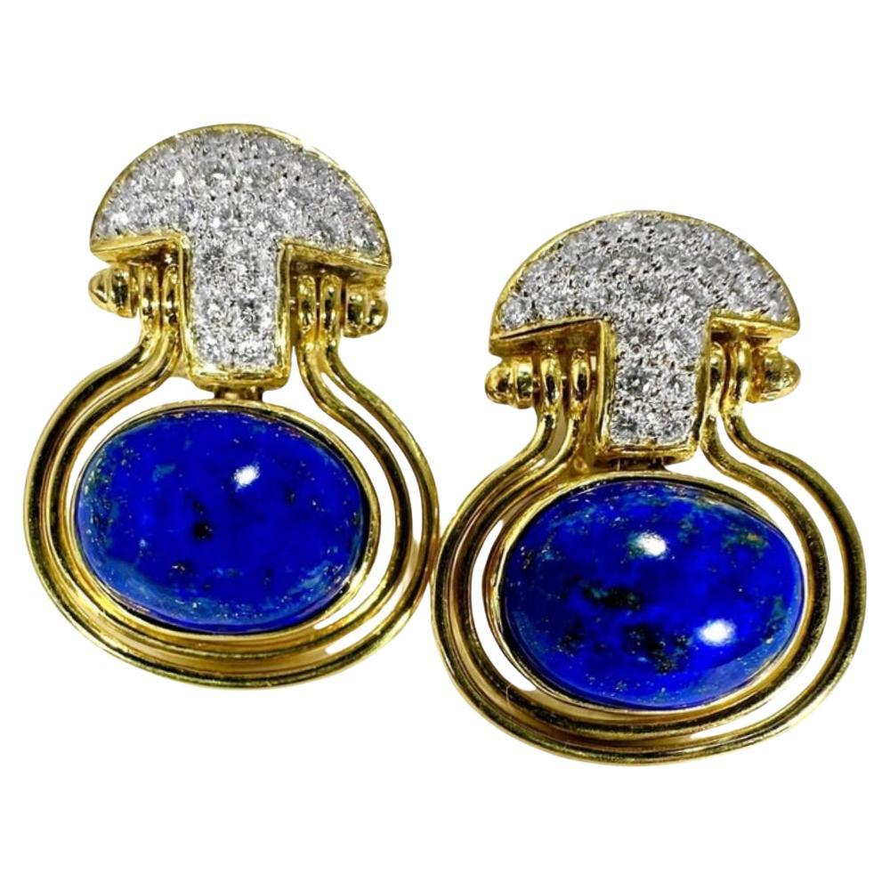 Vintage, Tailored, 18k Yellow Gold, Diamond and Lapis Lazuli Hanging Earrings For Sale