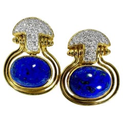 Vintage, Tailored, 18k Yellow Gold, Diamond and Lapis Lazuli Hanging Earrings