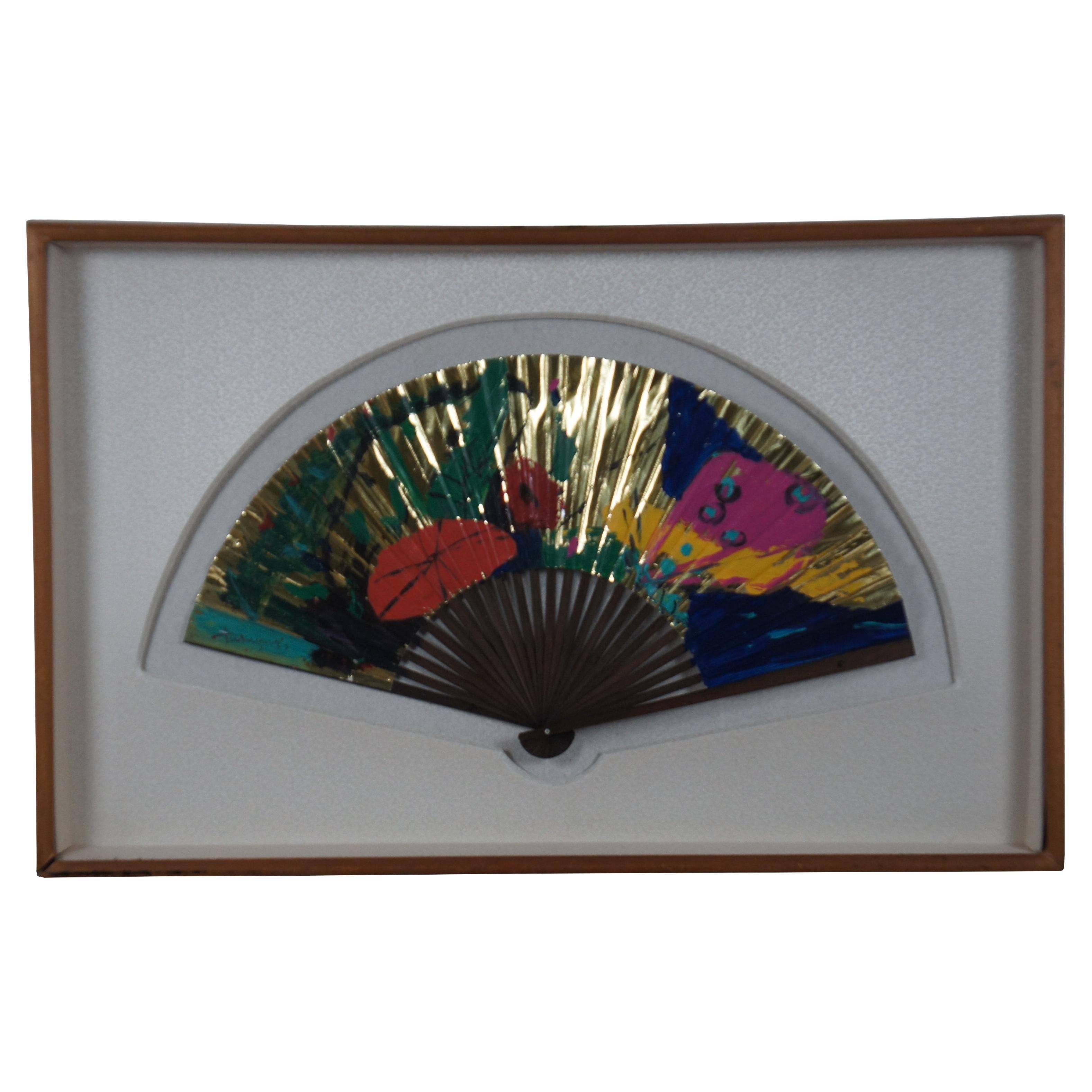 Vintage large hand painted golden fan by Tak-Young Jung from his 1991 solo exhibition “The Admiration of Life Through the Symbolization of Colors“ at the Modern Art Gallery in Los Angeles, CA. “Long regarded as paradigmatic in histories of modern
