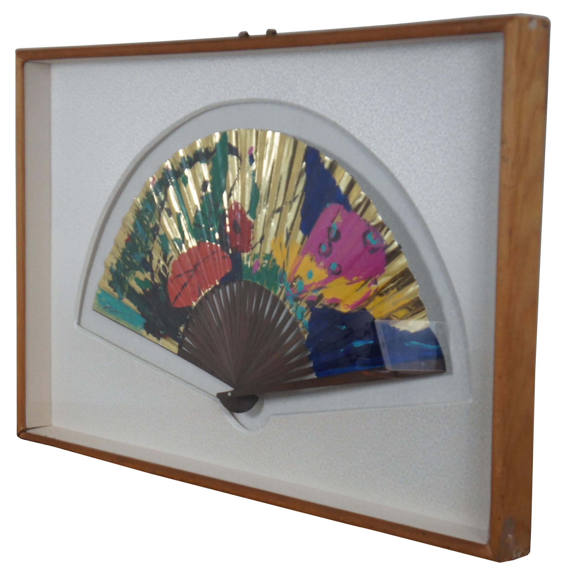 Vintage Tak-Young Jung Hand Painted Chinoiserie Fan Shadowbox Wall Art In Good Condition For Sale In Dayton, OH