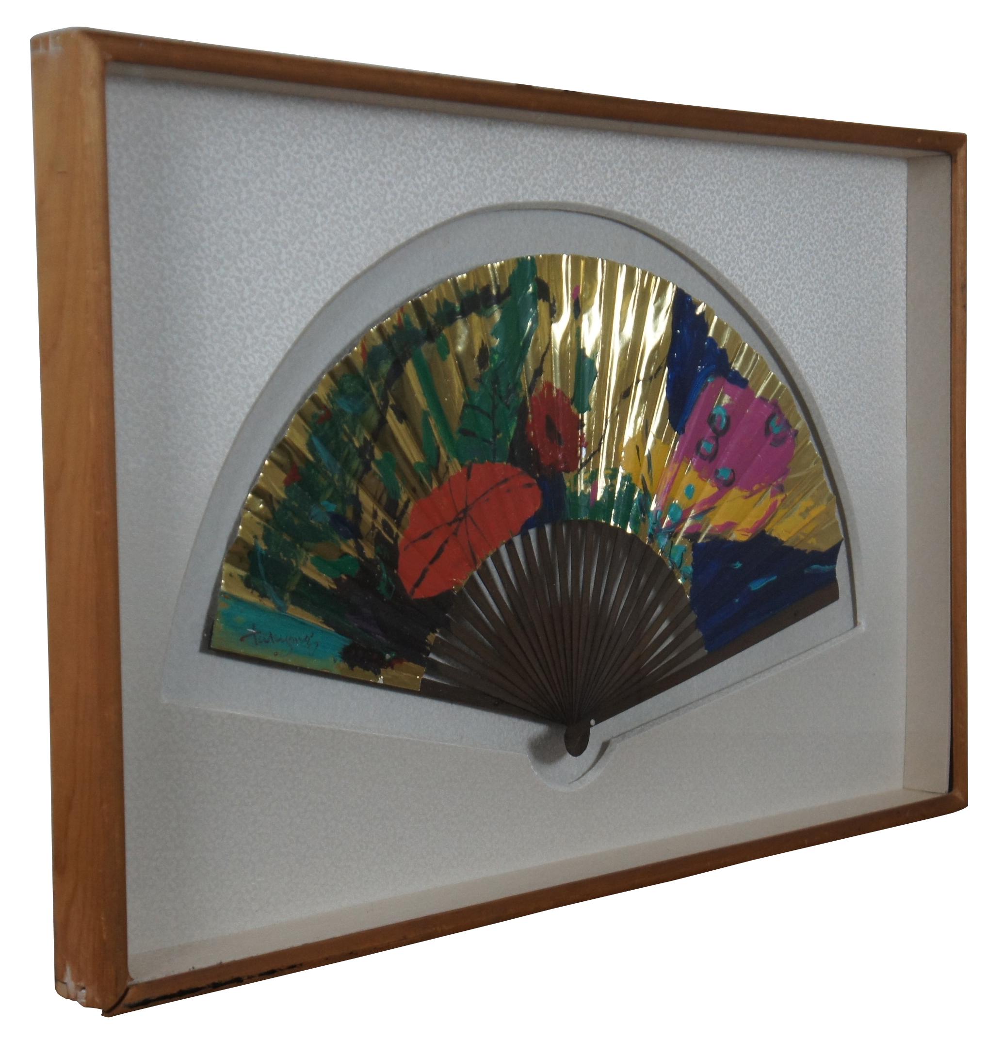 Late 20th Century Vintage Tak-Young Jung Hand Painted Chinoiserie Fan Shadowbox Wall Art For Sale