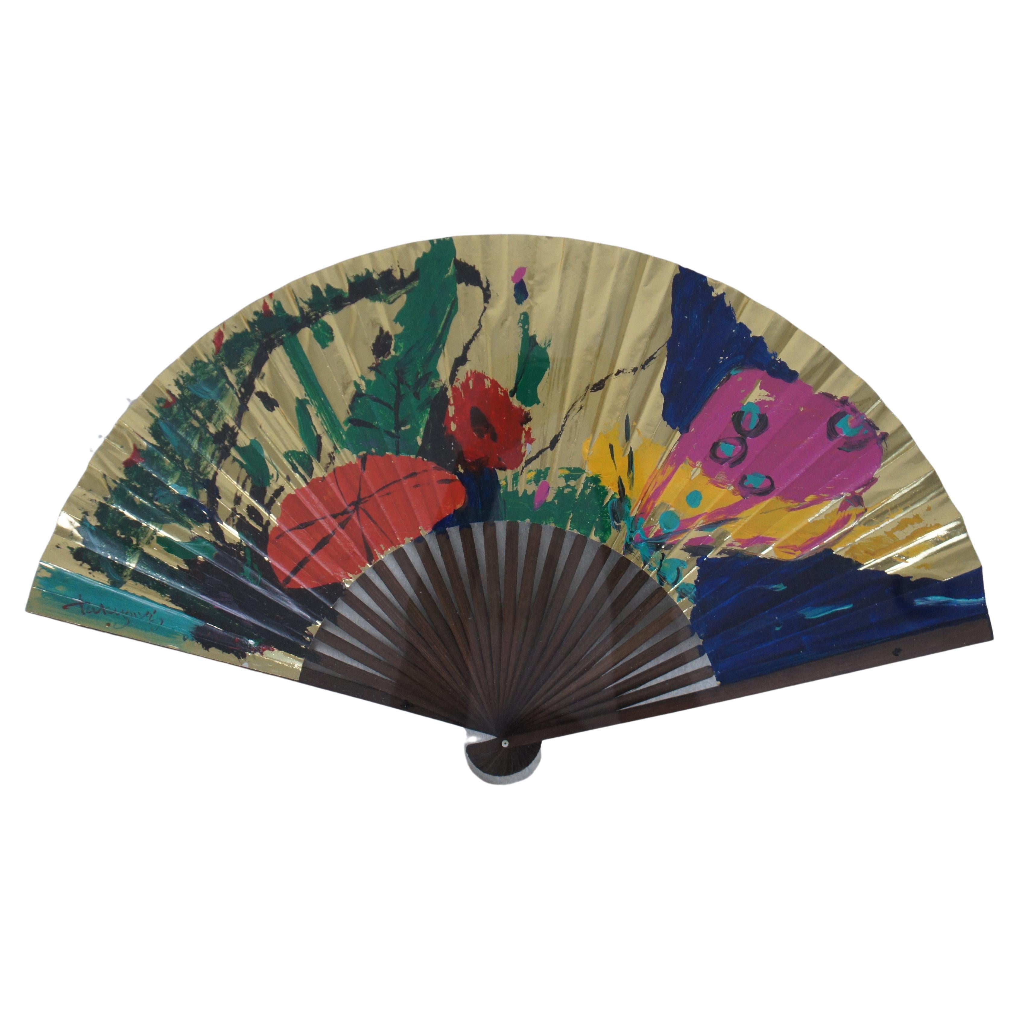 Vintage Tak-Young Jung Hand Painted Chinoiserie Fan Shadowbox Wall Art For Sale