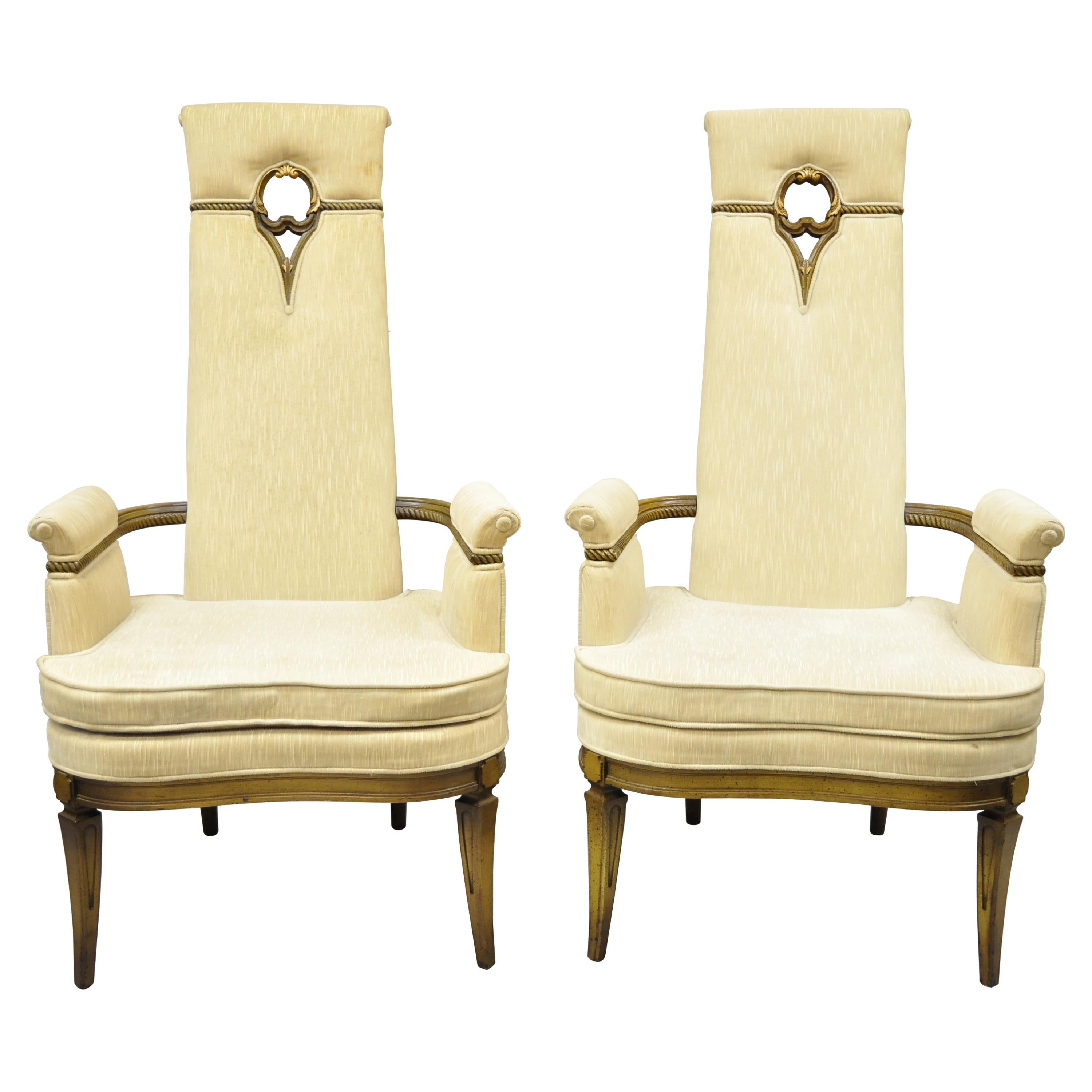 Vintage Tall Back Italian French Hollywood Regency Lounge Arm Chairs, a Pair