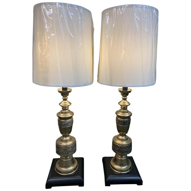 Vintage Tall Brass Table Lamps with Shades, a Pair For Sale at 1stDibs