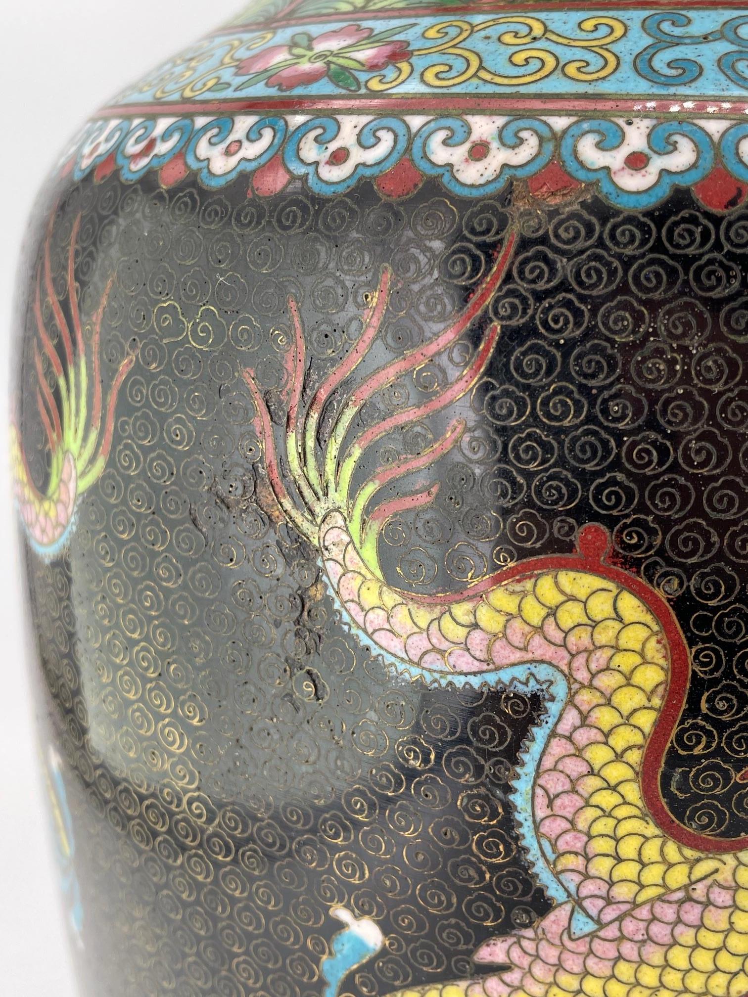 Vintage Tall Chinese Cloisonné Enamel Vase Fighting Dragons Flaming Pearl For Sale 3