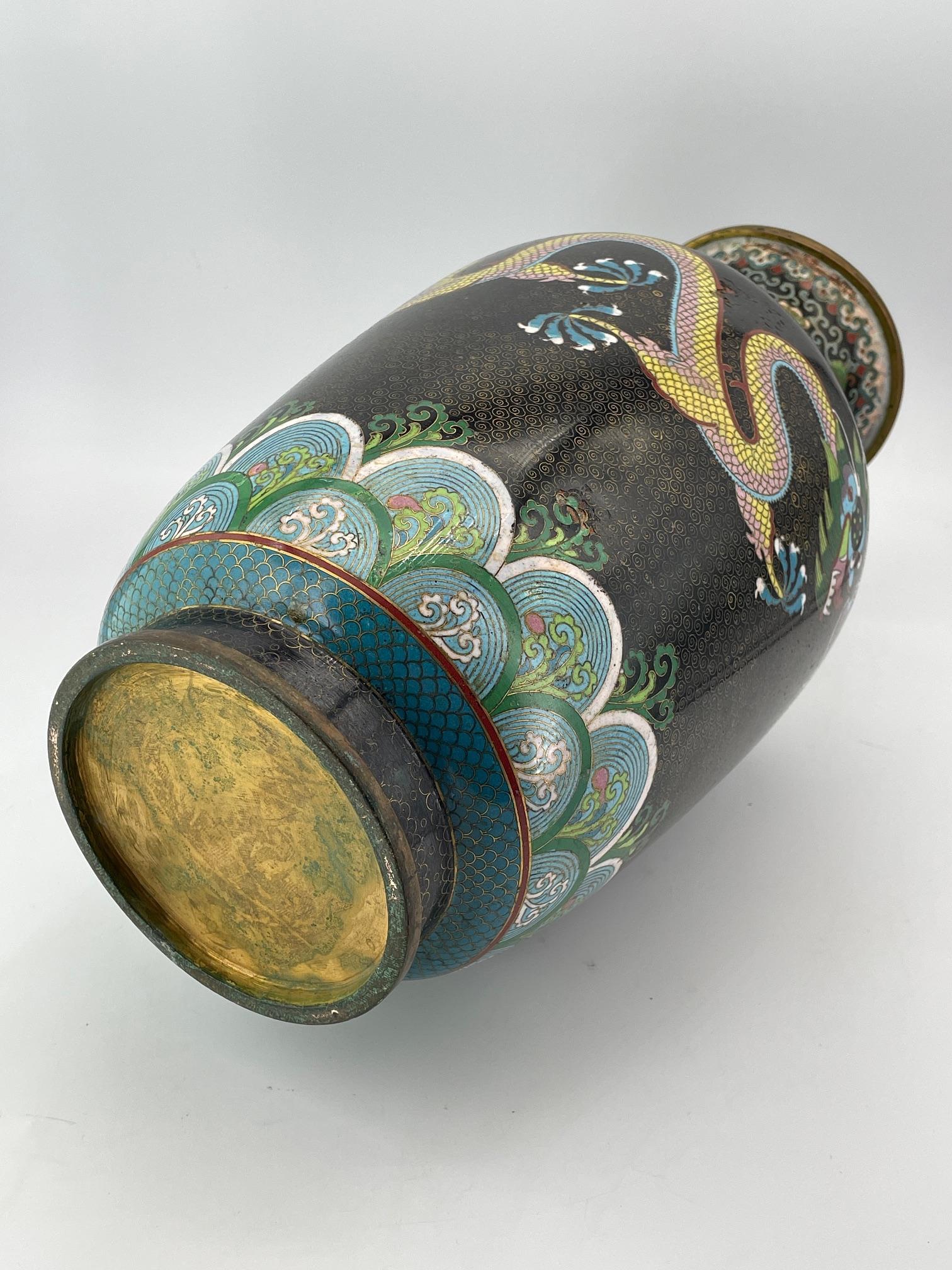 Vintage Tall Chinese Cloisonné Enamel Vase Fighting Dragons Flaming Pearl For Sale 6
