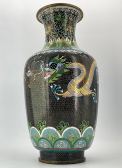 Vintage Tall Chinese Cloisonné Enamel Vase Fighting Dragons Flaming Pearl