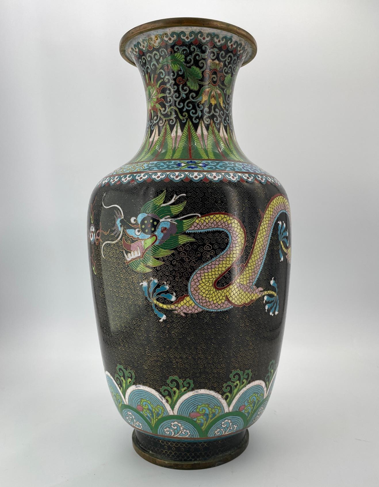 Chinese Export Vintage Tall Chinese Cloisonné Enamel Vase Fighting Dragons Flaming Pearl For Sale
