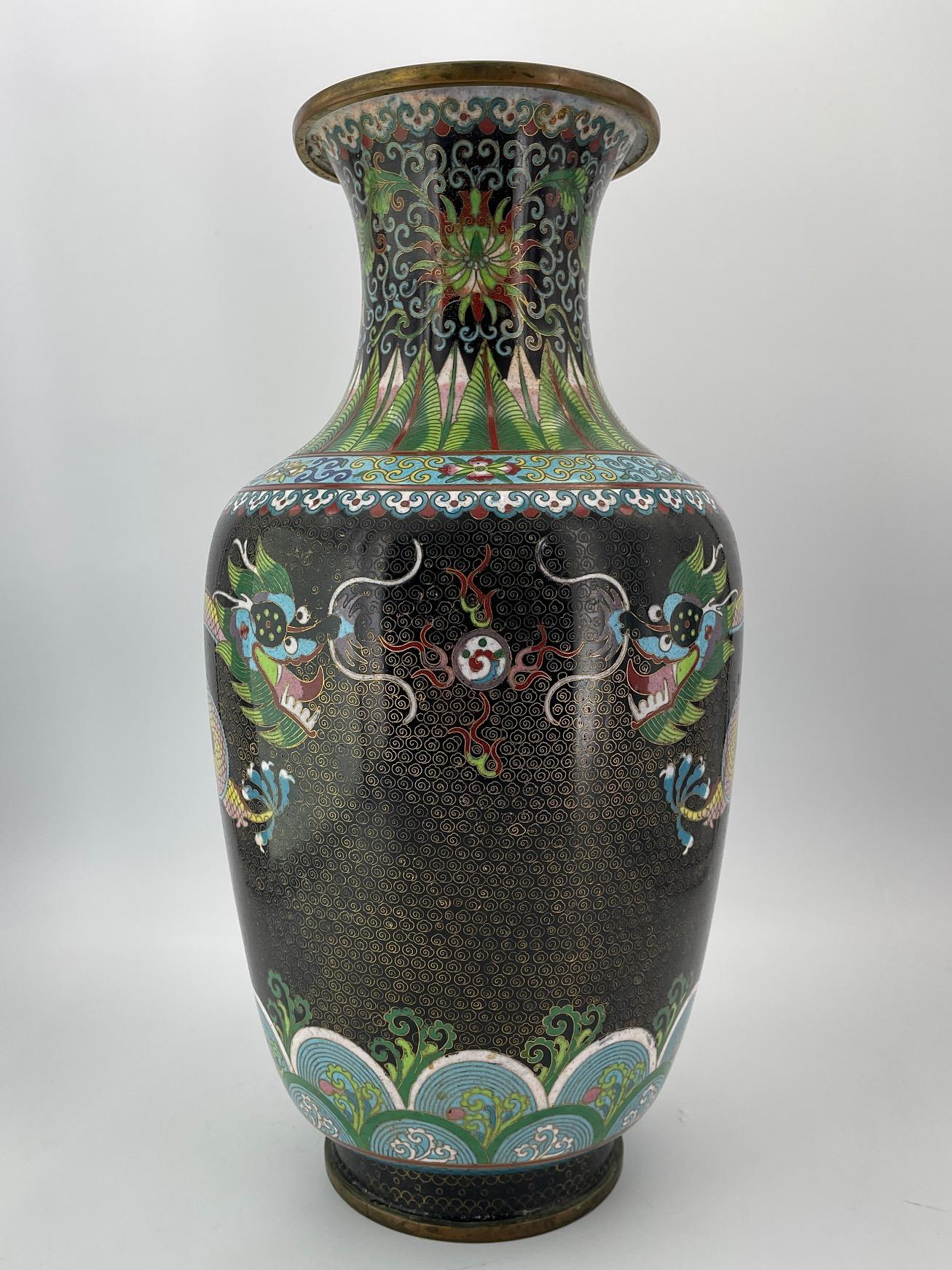 Hand-Crafted Vintage Tall Chinese Cloisonné Enamel Vase Fighting Dragons Flaming Pearl For Sale