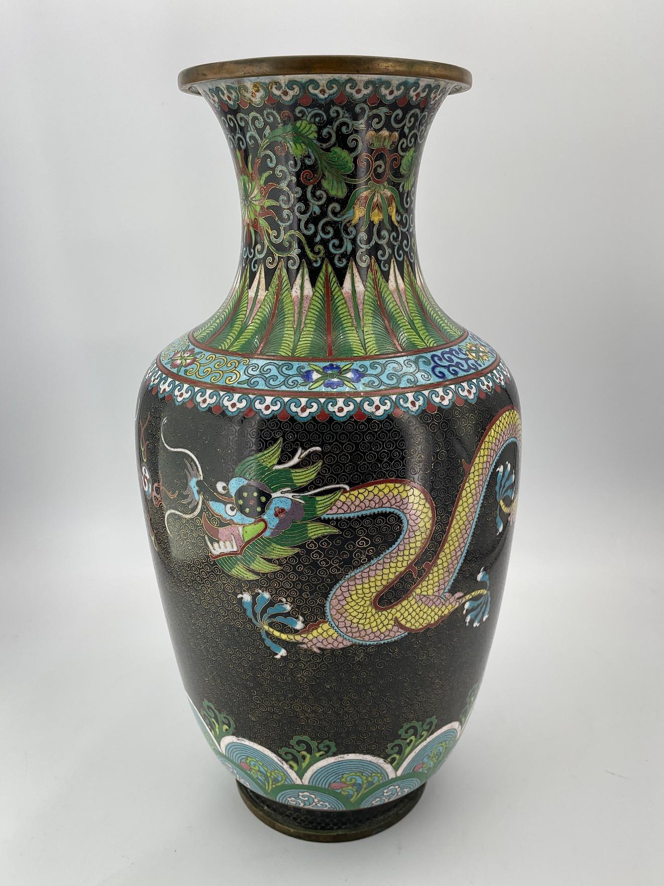 20th Century Vintage Tall Chinese Cloisonné Enamel Vase Fighting Dragons Flaming Pearl For Sale