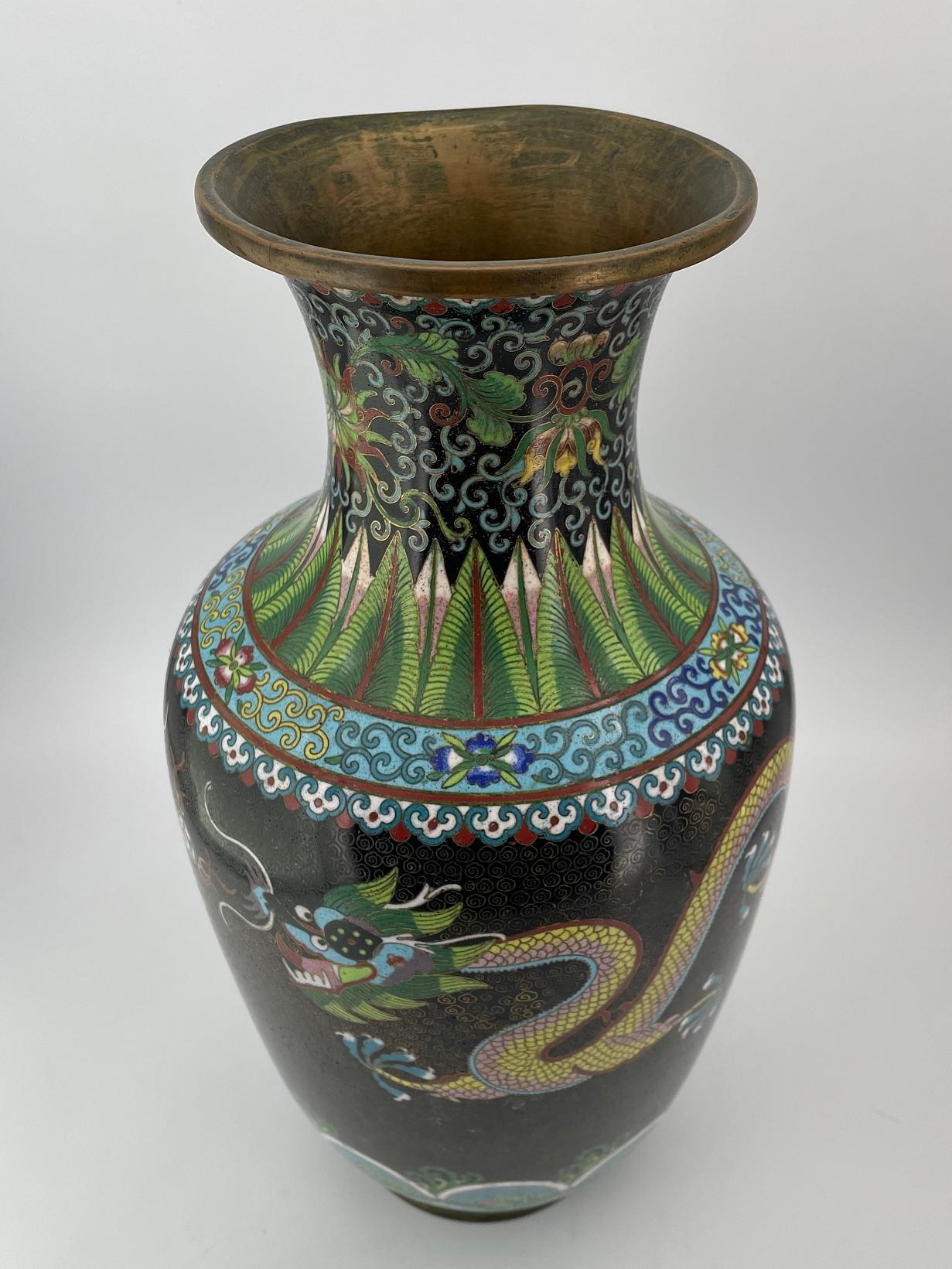 Copper Vintage Tall Chinese Cloisonné Enamel Vase Fighting Dragons Flaming Pearl For Sale
