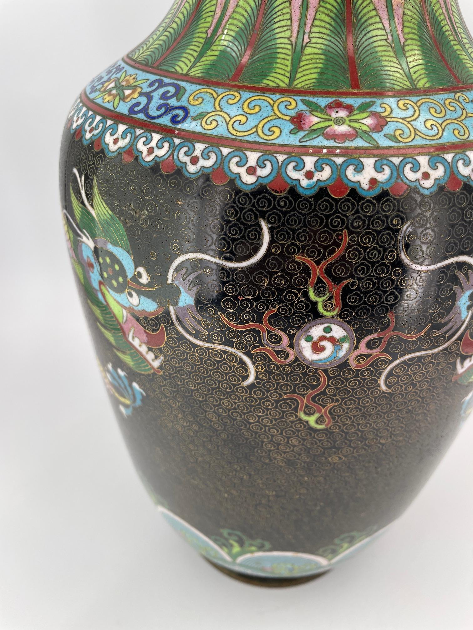 Vintage Tall Chinese Cloisonné Enamel Vase Fighting Dragons Flaming Pearl For Sale 1