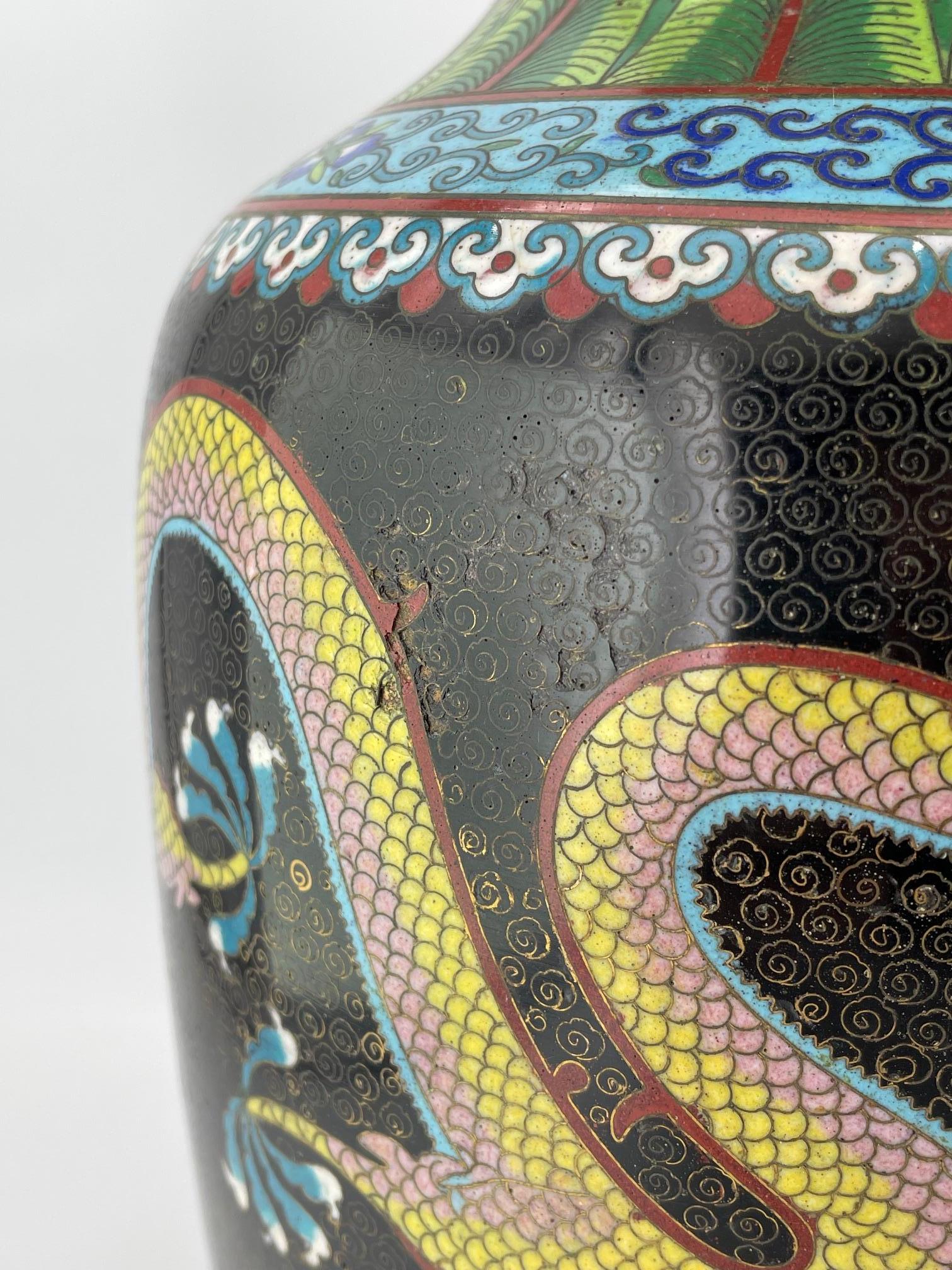 Vintage Tall Chinese Cloisonné Enamel Vase Fighting Dragons Flaming Pearl For Sale 2
