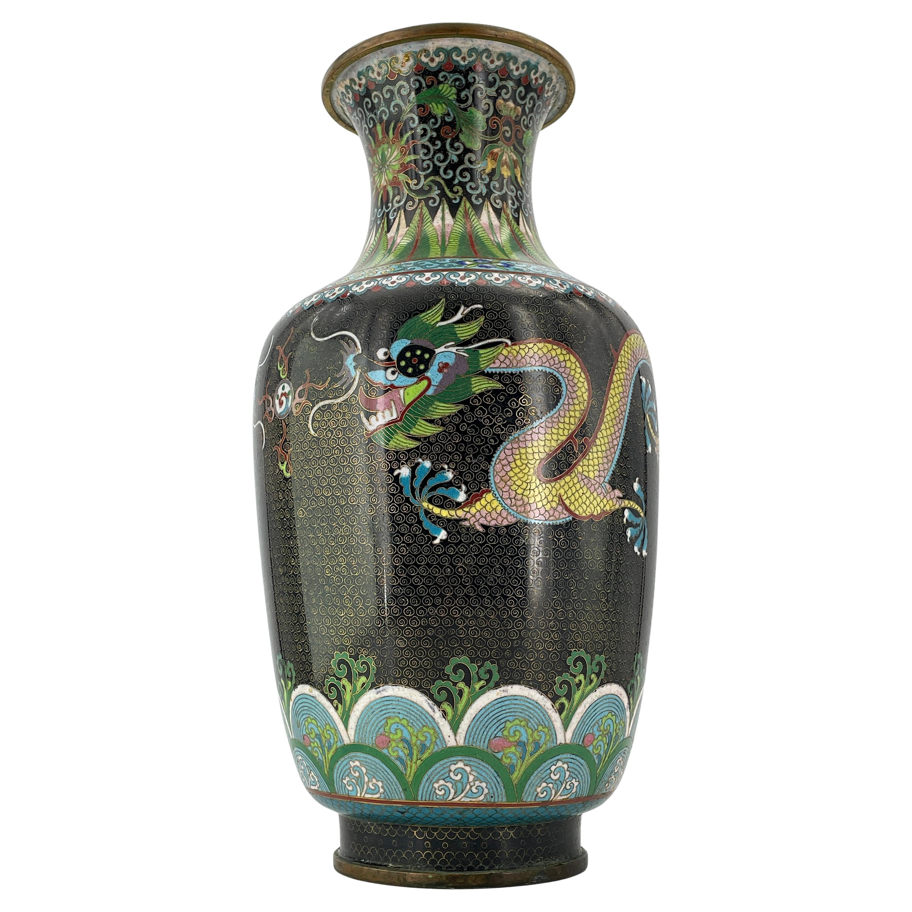 Vintage Tall Chinese Cloisonné Enamel Vase Fighting Dragons Flaming Pearl