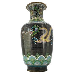 Vintage Tall Chinese Cloisonné Enamel Vase Fighting Dragons Flaming Pearl