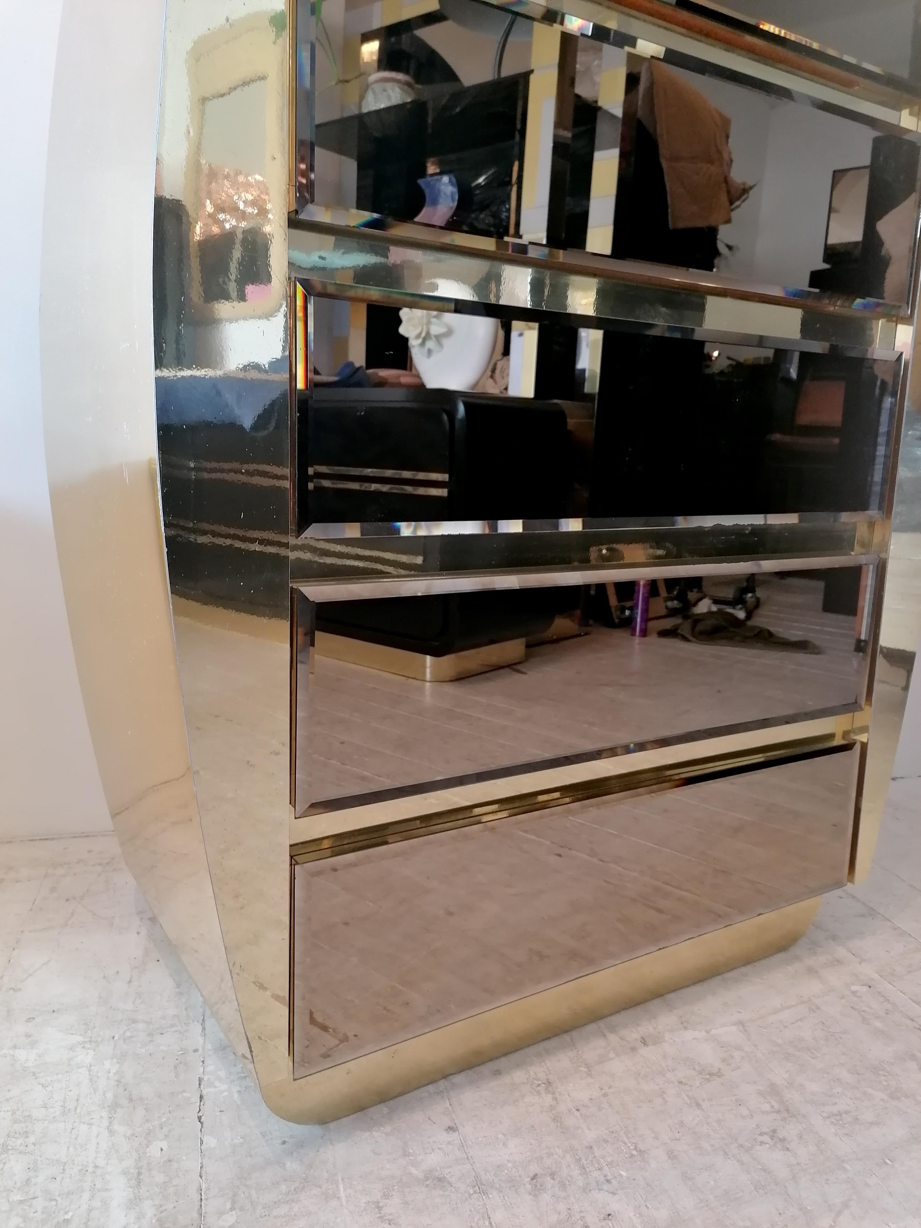Großer geschwungener Vintage-Schrank aus Gold und Spiegelschrank von Ello Furniture, USA 1980er Jahre 1