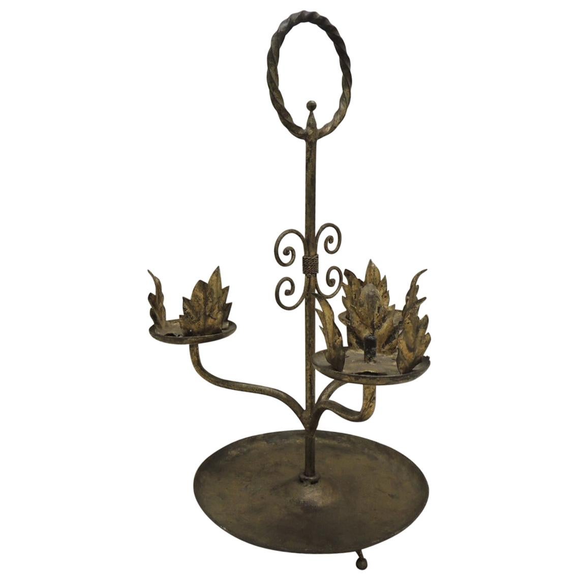 Metal Candle Holder Rustic Hand-Forged Wrought Iron 2 Arm Candelabra 1960s Swedish Christmas
