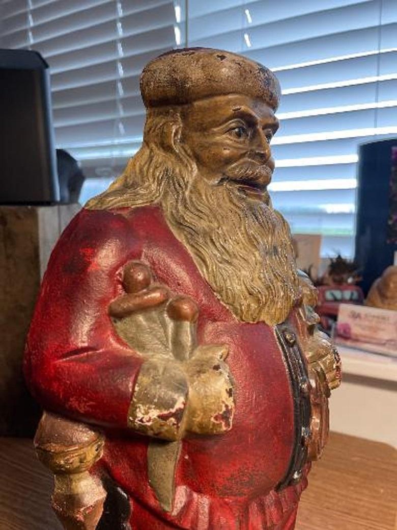 Iron Vintage Tall Hand Painted Santa Sculpture, 1930 For Sale