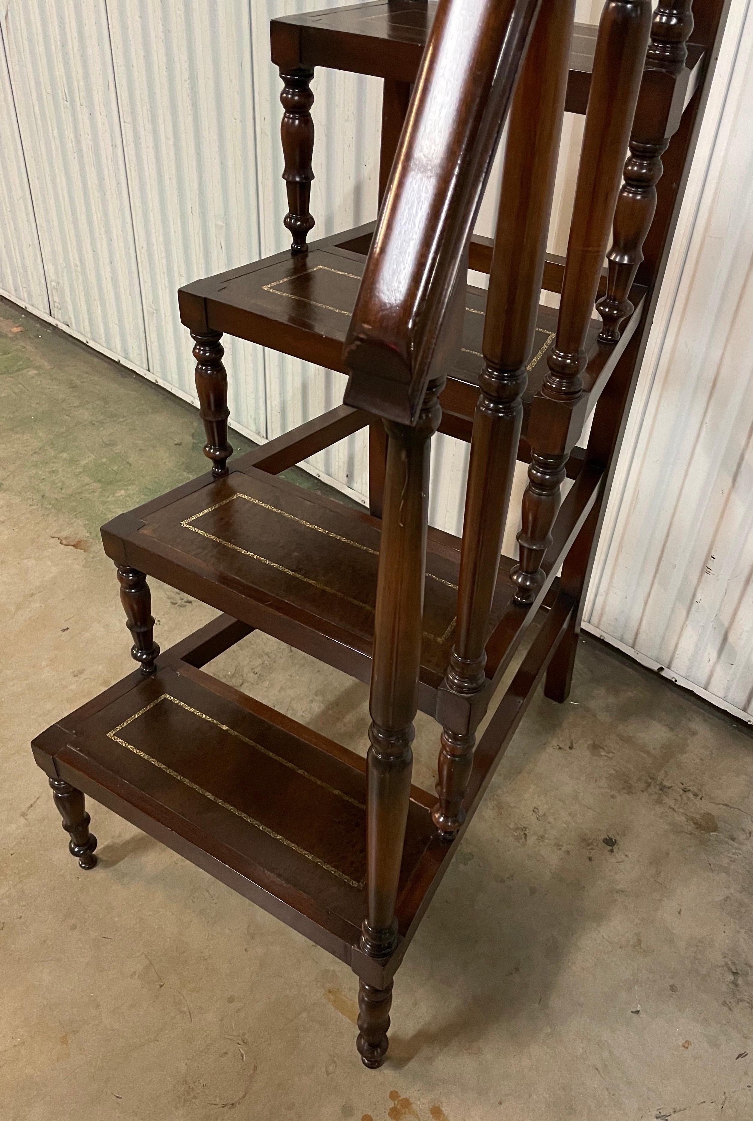 Vintage set of large & tall library steps with tooled leather on each step.