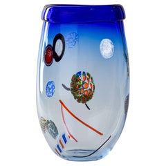 Vintage Tall Murrine Murano Glass Vase with Blue Rim