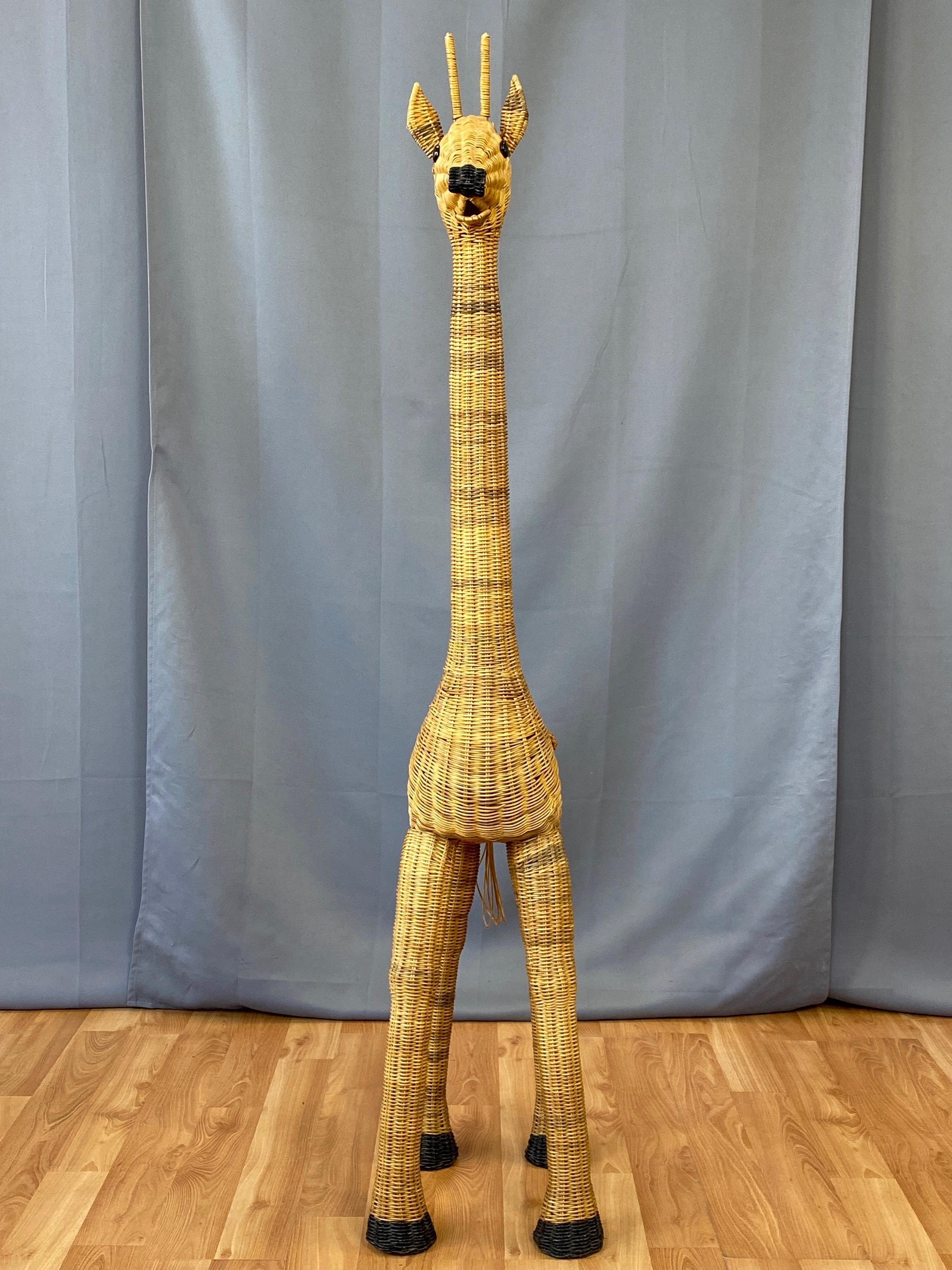 Mid-20th Century Vintage Tall Natural Wicker Giraffe Plant Stand, 1960s