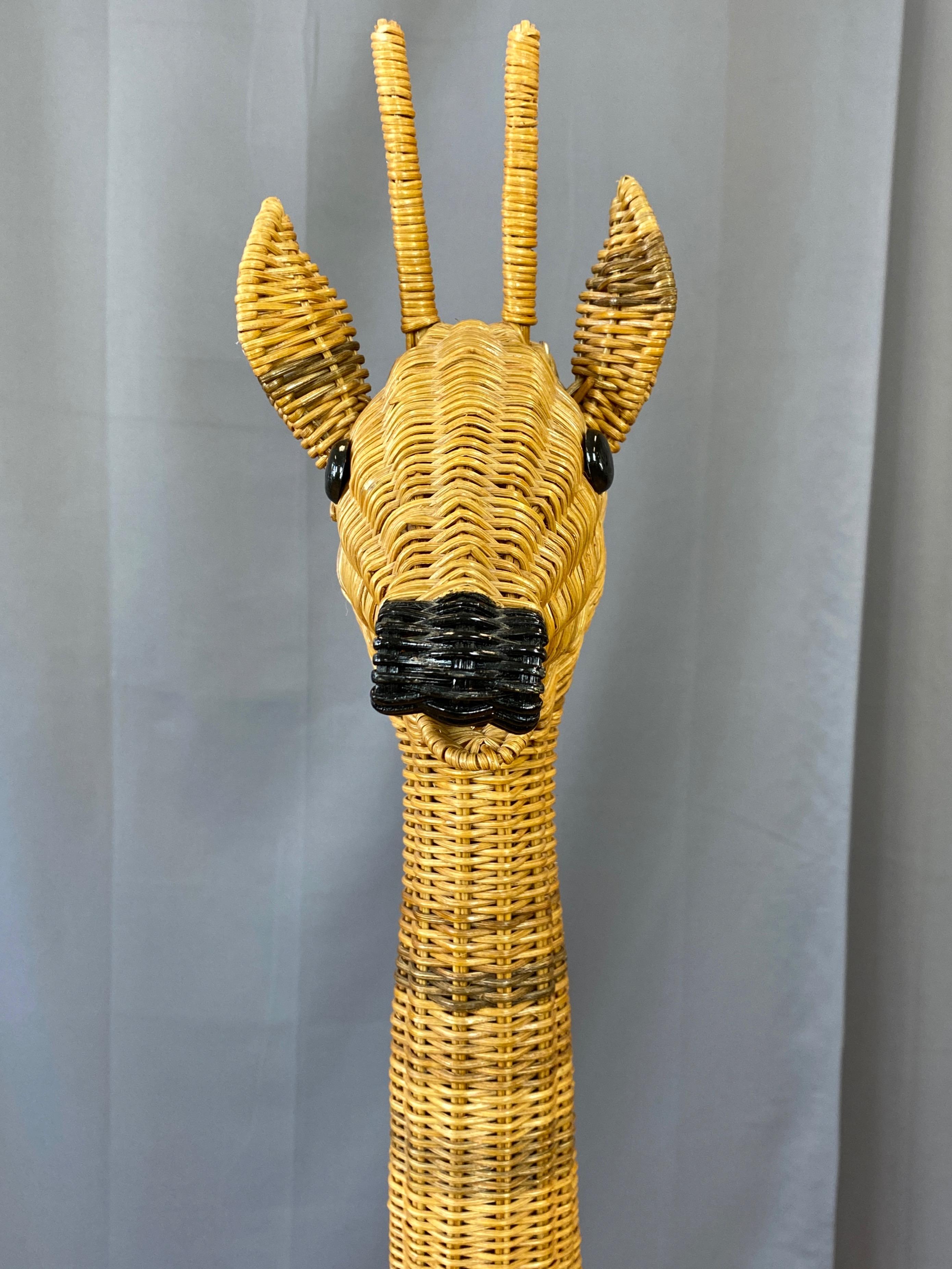 Lacquer Vintage Tall Natural Wicker Giraffe Plant Stand, 1960s