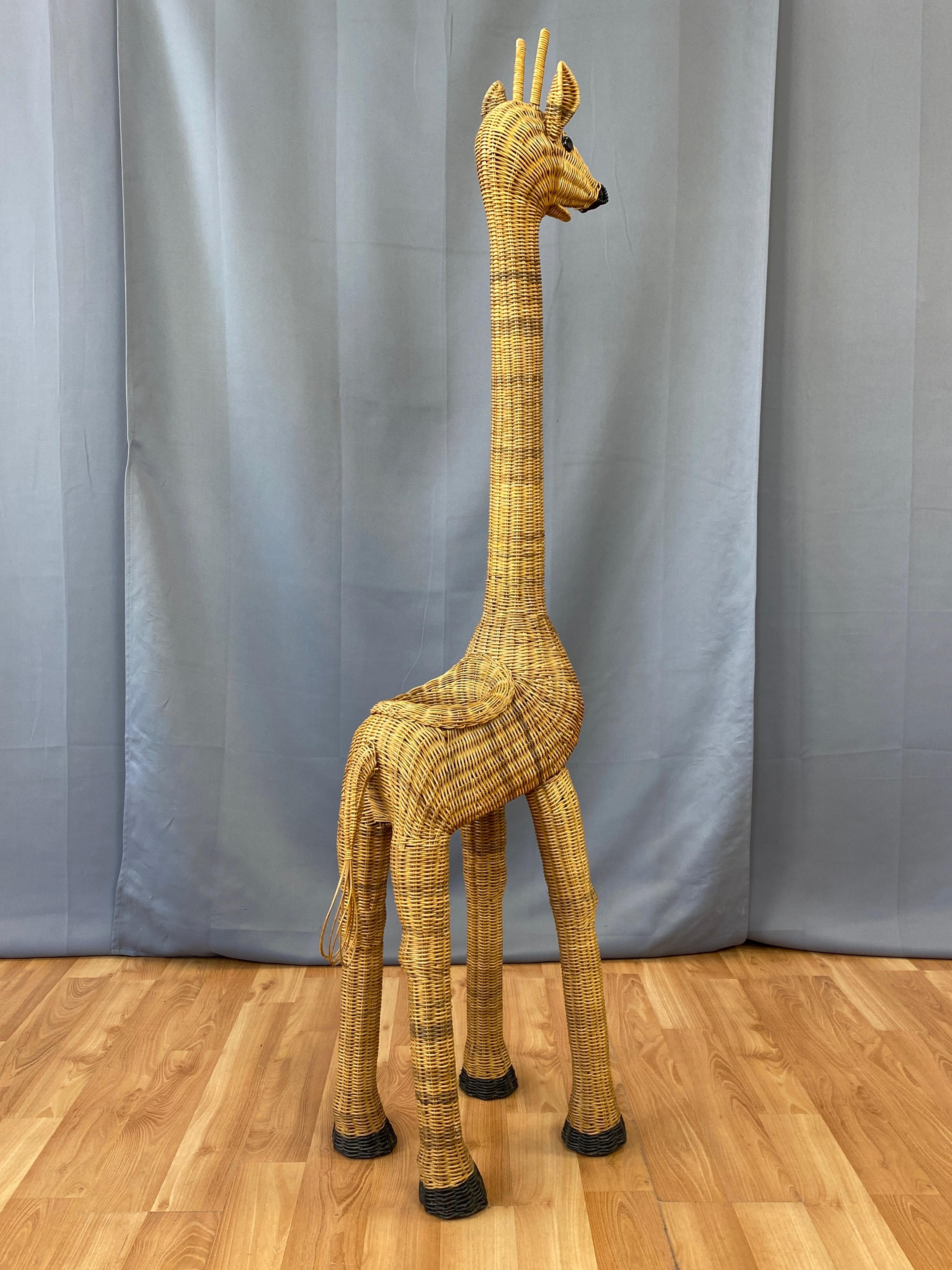 Bohemian Vintage Tall Natural Wicker Giraffe Plant Stand, 1960s
