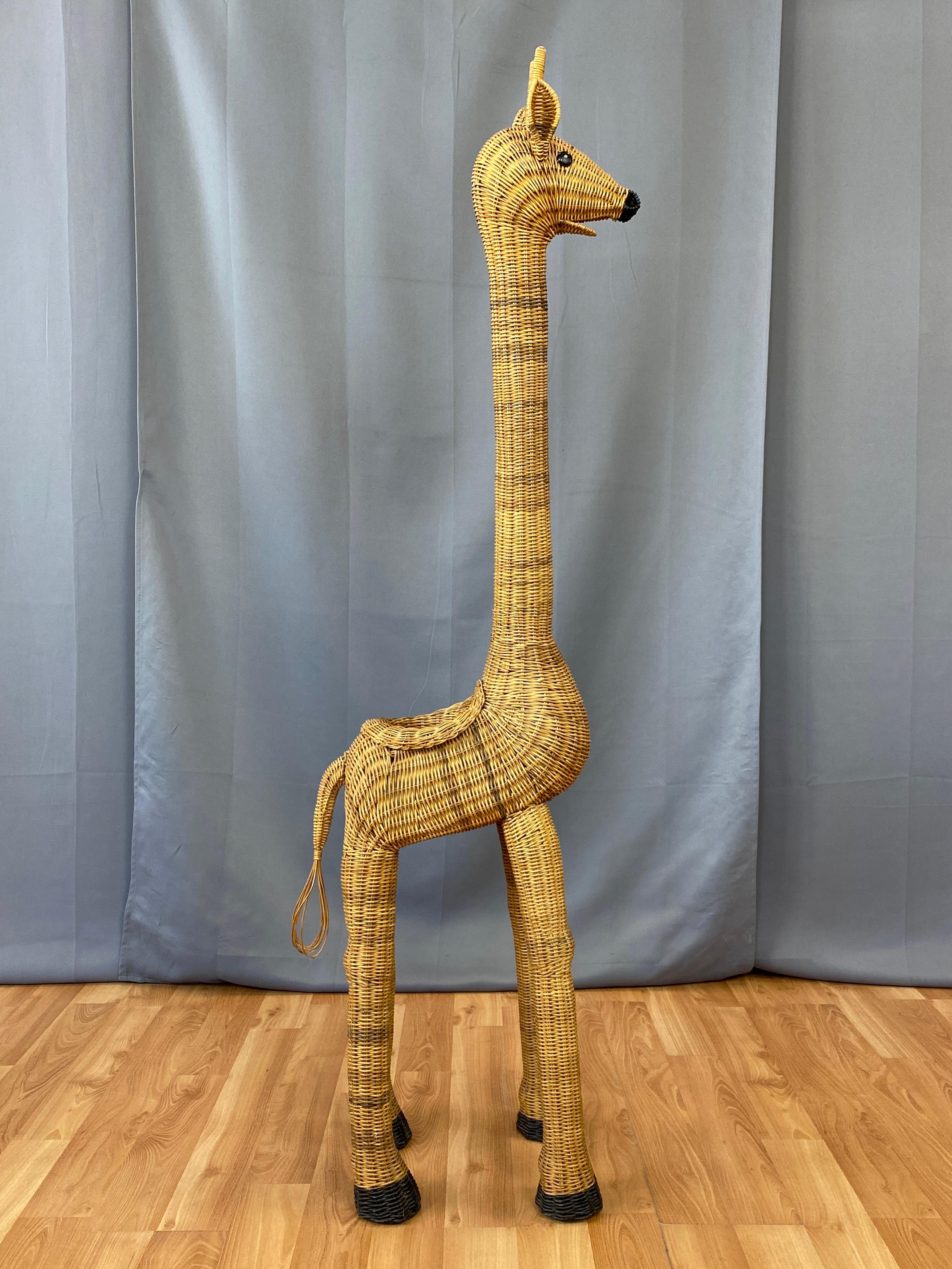 American Vintage Tall Natural Wicker Giraffe Plant Stand, 1960s