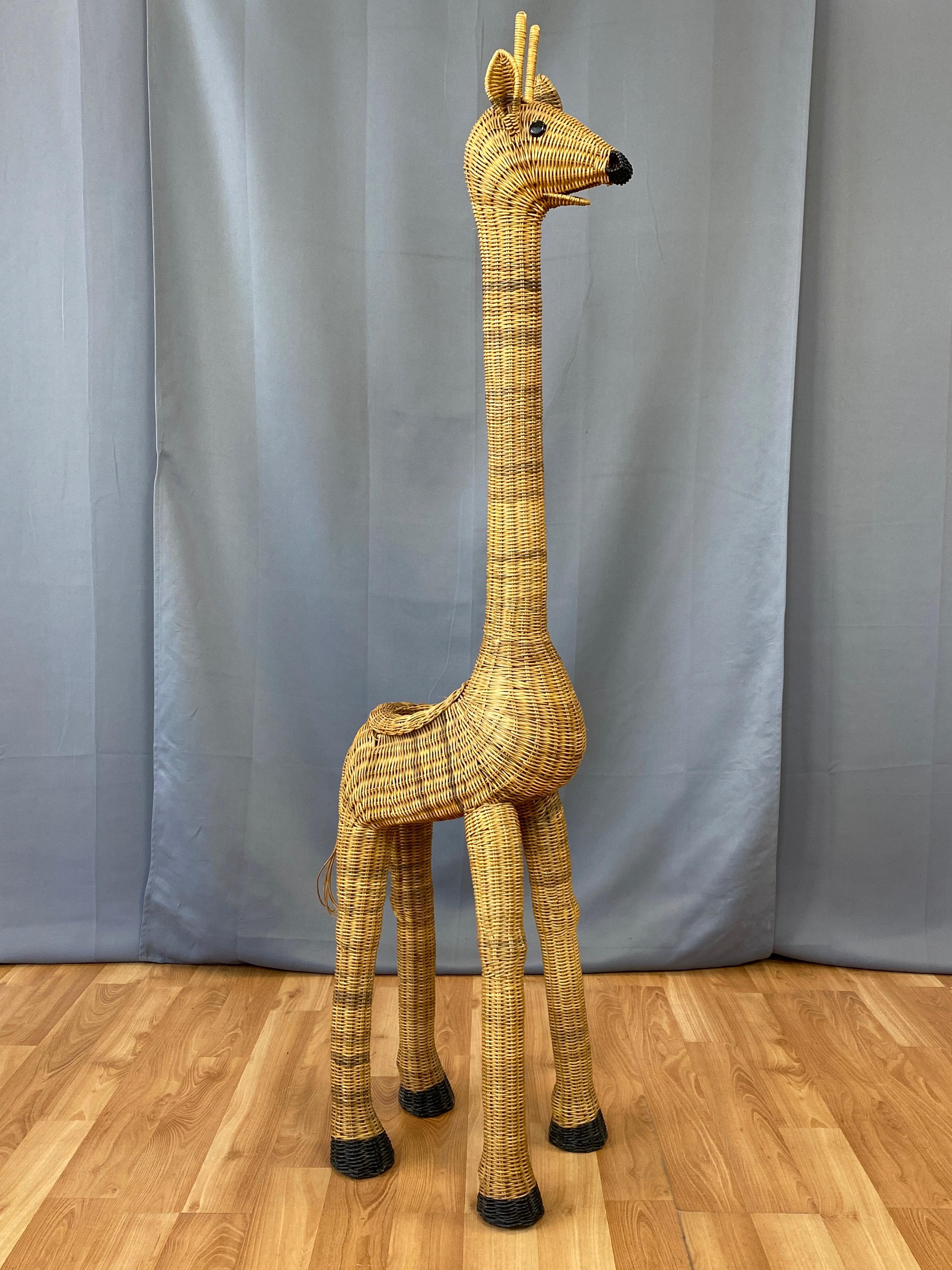 Hand-Woven Vintage Tall Natural Wicker Giraffe Plant Stand, 1960s