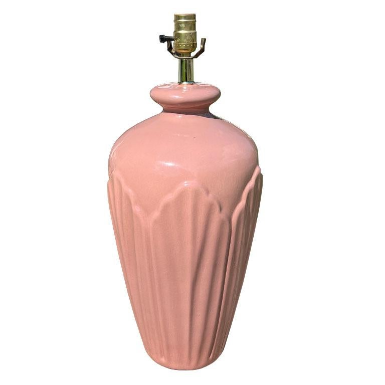 Art Nouveau Vintage Tall Pastel Pink Art Deco Shell Motif Ceramic Table Lamp For Sale