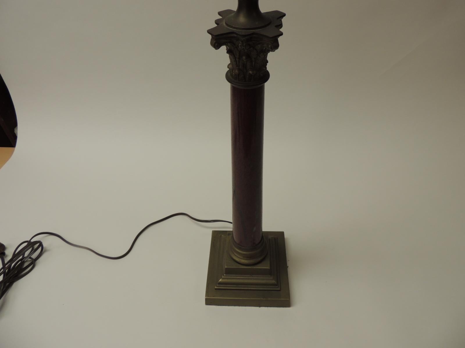 Vintage tall red and grey stone Corinthian column table lamp
1960s, Italy
(No lamp shade or harp)
Size: 23.5 x 6 x 6.
 