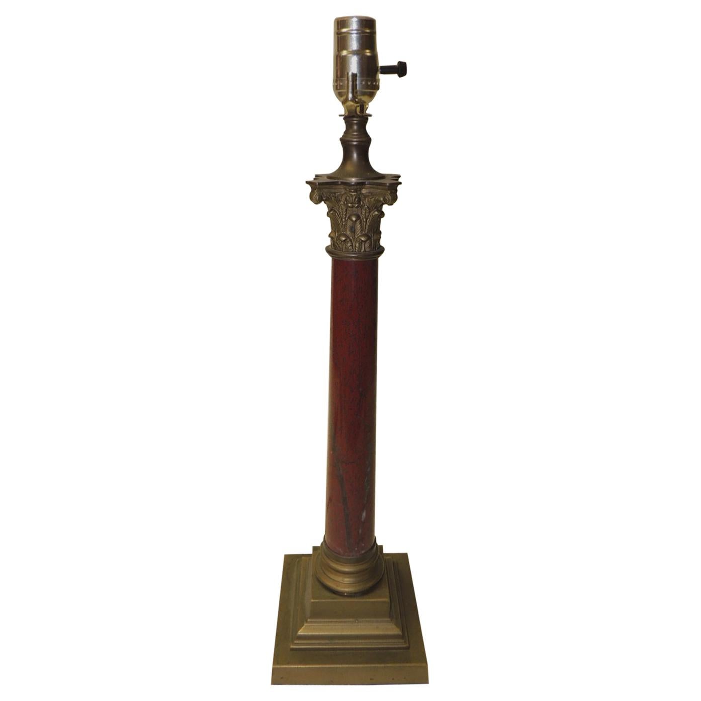 Vintage Tall Red and Grey Porphyry Corinthian Column Table Lamp