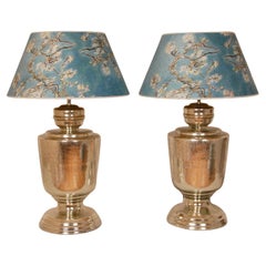 Große Silber-Tischlampen, Silber und Himmelblau, modern, Vintage