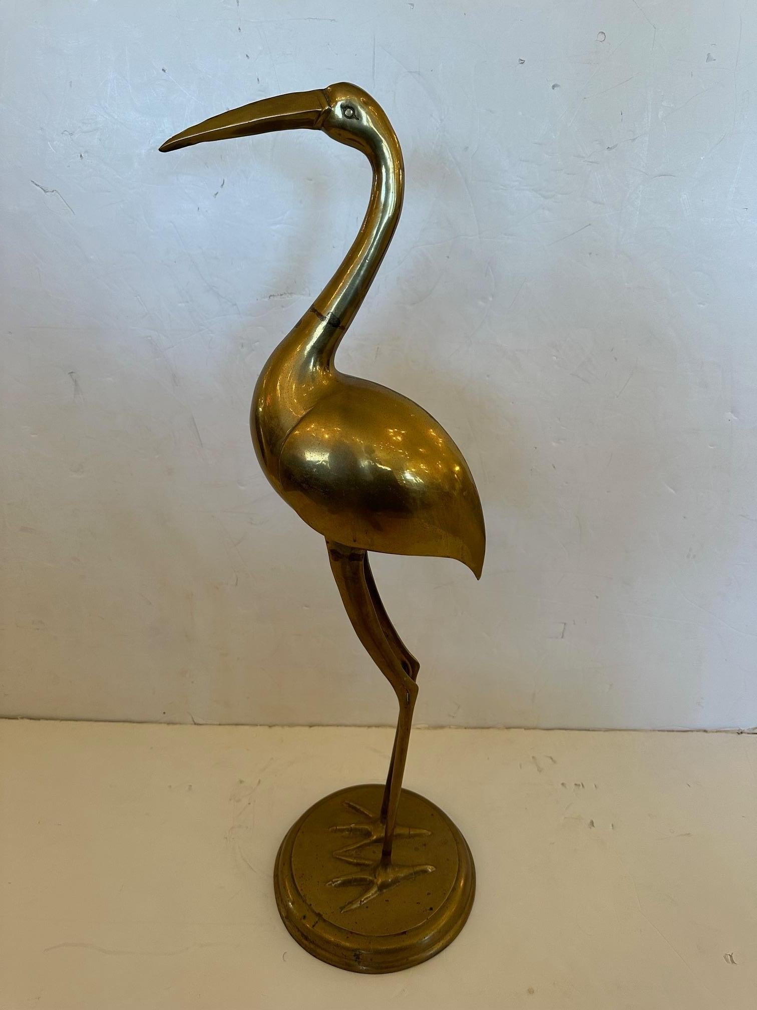 Vintage Tall Solid Brass Asian Crane Sculpture For Sale 5