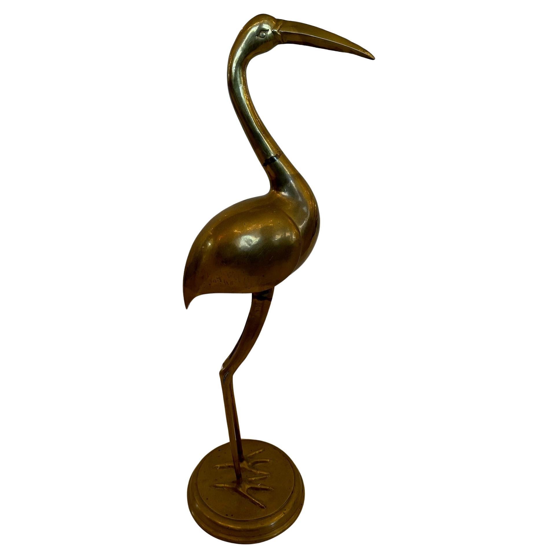 Vintage Tall Solid Brass Asian Crane Sculpture For Sale