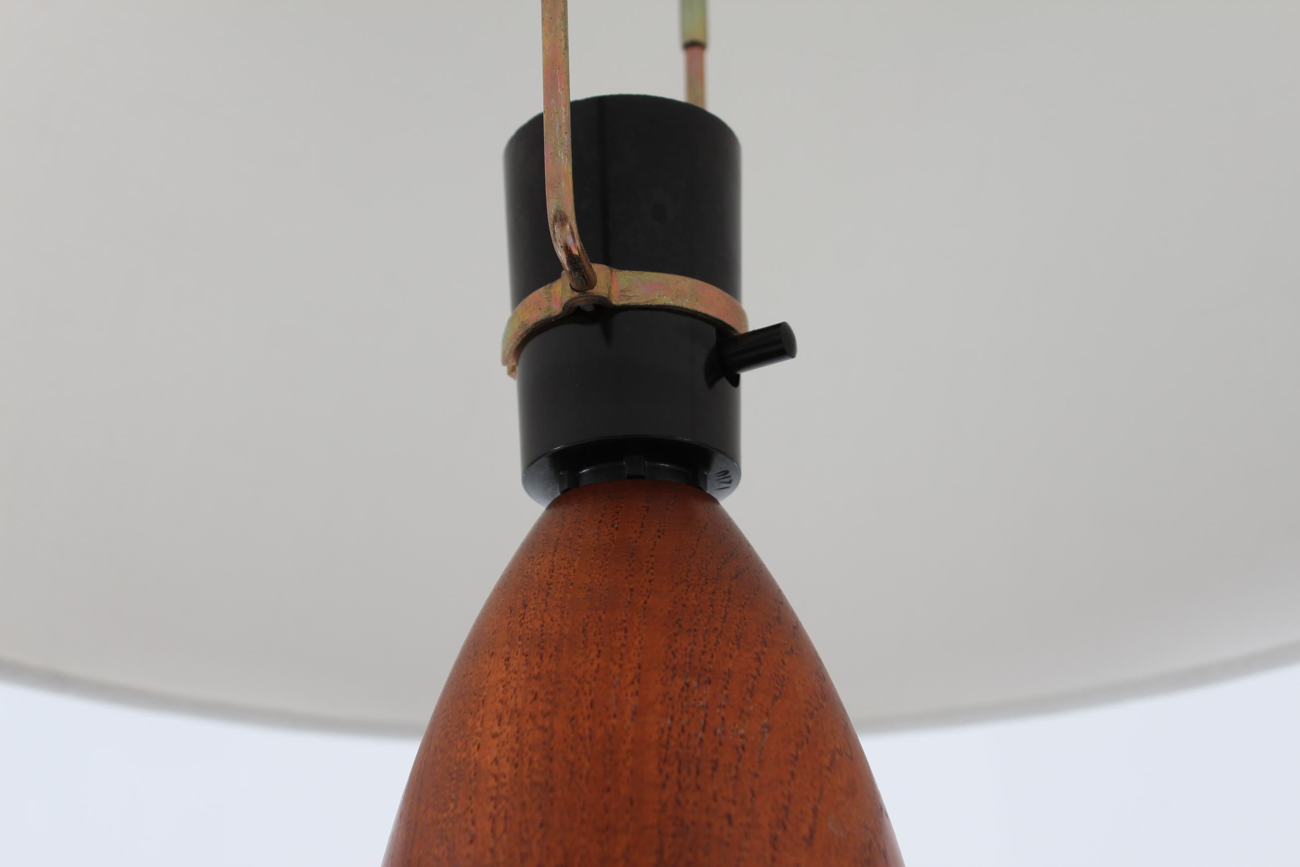 Fabric Vintage Tall Table Lamp of Hand-Turned Teak with New Shade, Scandinavian, 1960s For Sale