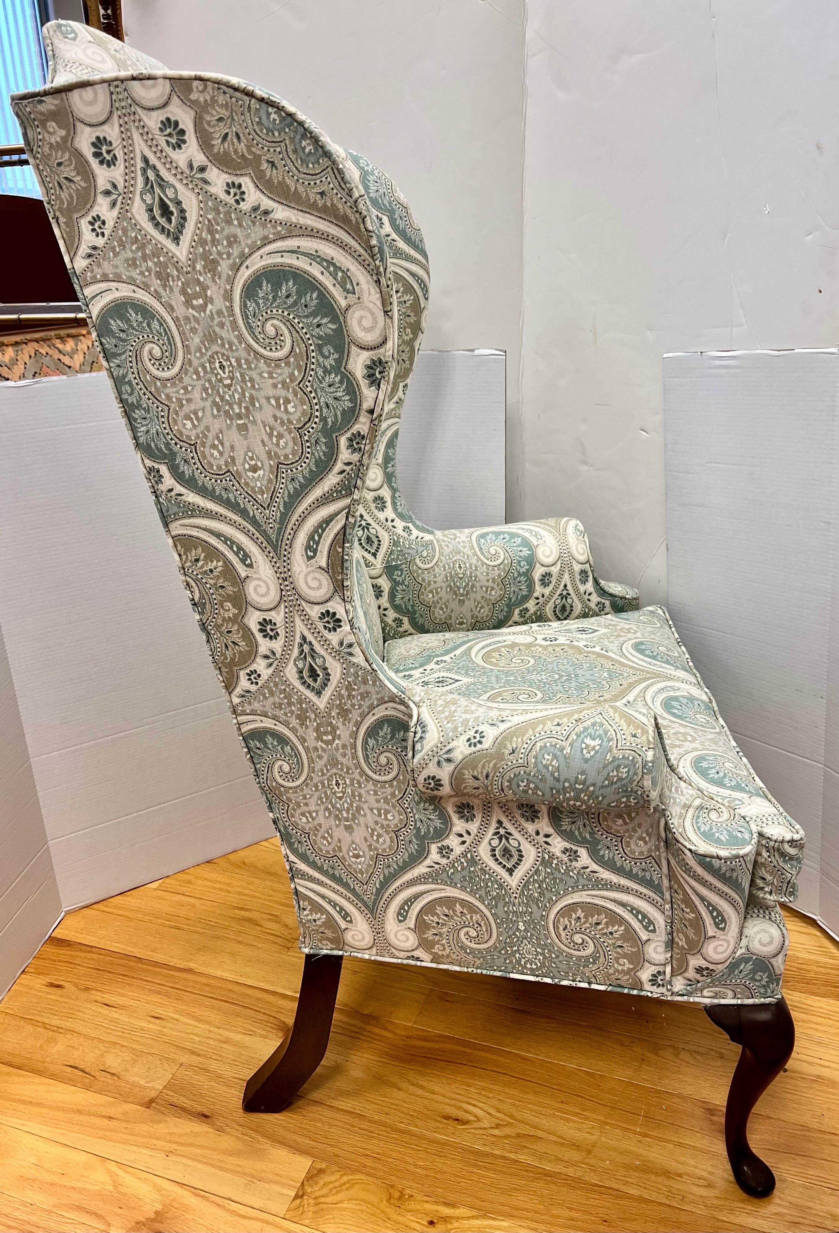 American Vintage Tall Wingback Reading Chair with Elegant Scalamandre Paisley Upholstery