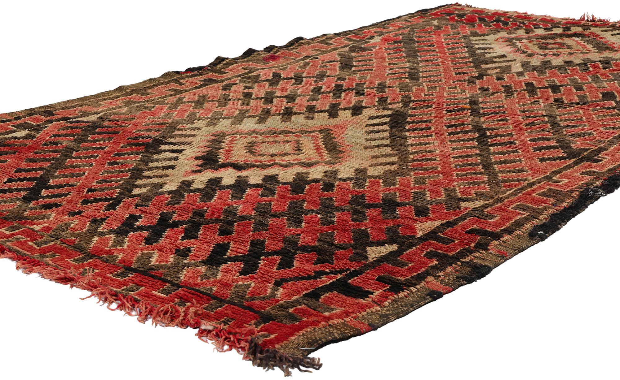 21762 Vintage Red Talsint Moroccan Rug, 03'10 x 06'11. ​From the heart of the Figuig province, where the Ait Bou Ichaouen tribe resides, emerges the Talsint Moroccan rug, named after the rural town of Talsint in Northeastern Morocco, renowned for