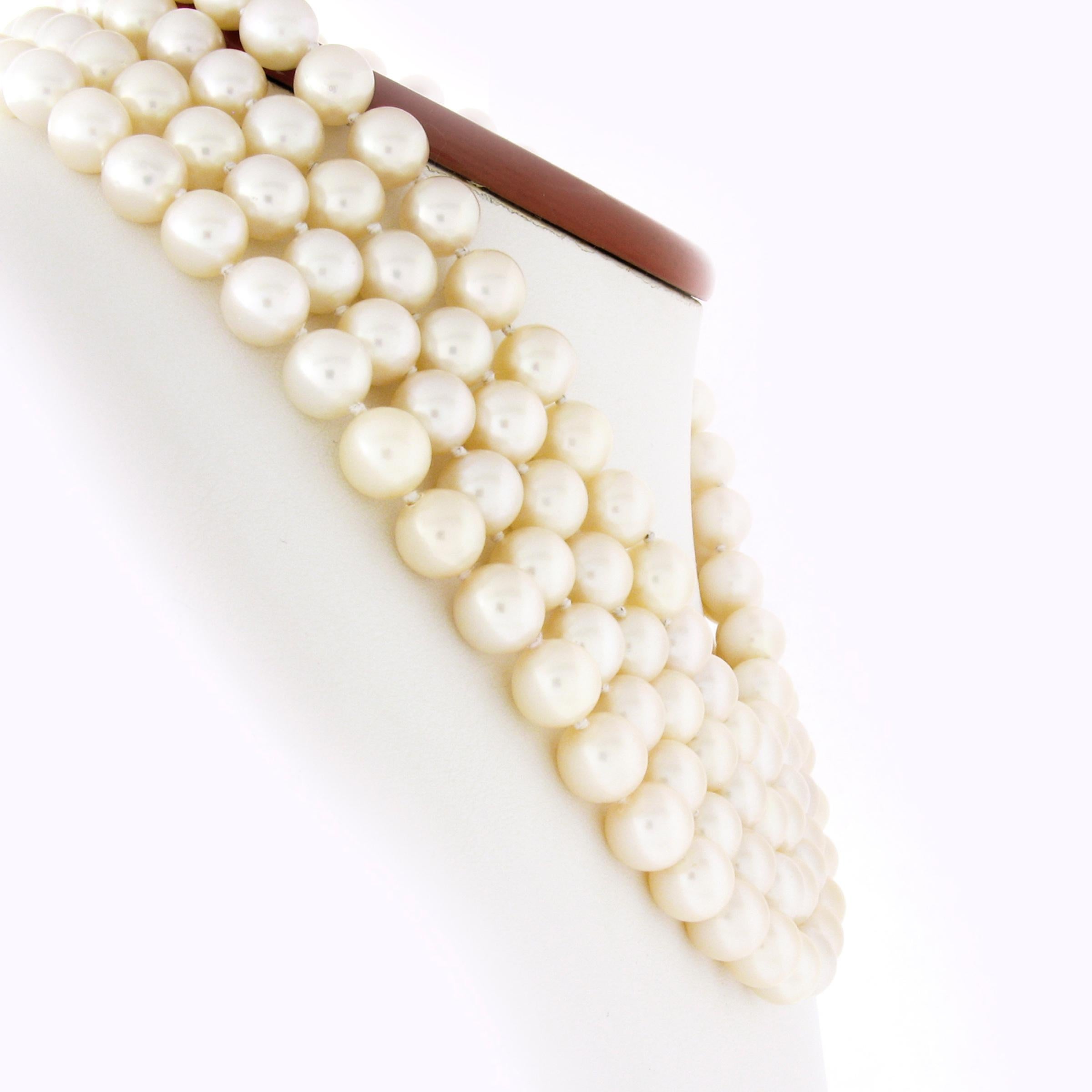 Round Cut Vintage Tambetti Layered Graduated 4 Strand Pearl Necklace 14k Gold Fancy Clasp For Sale