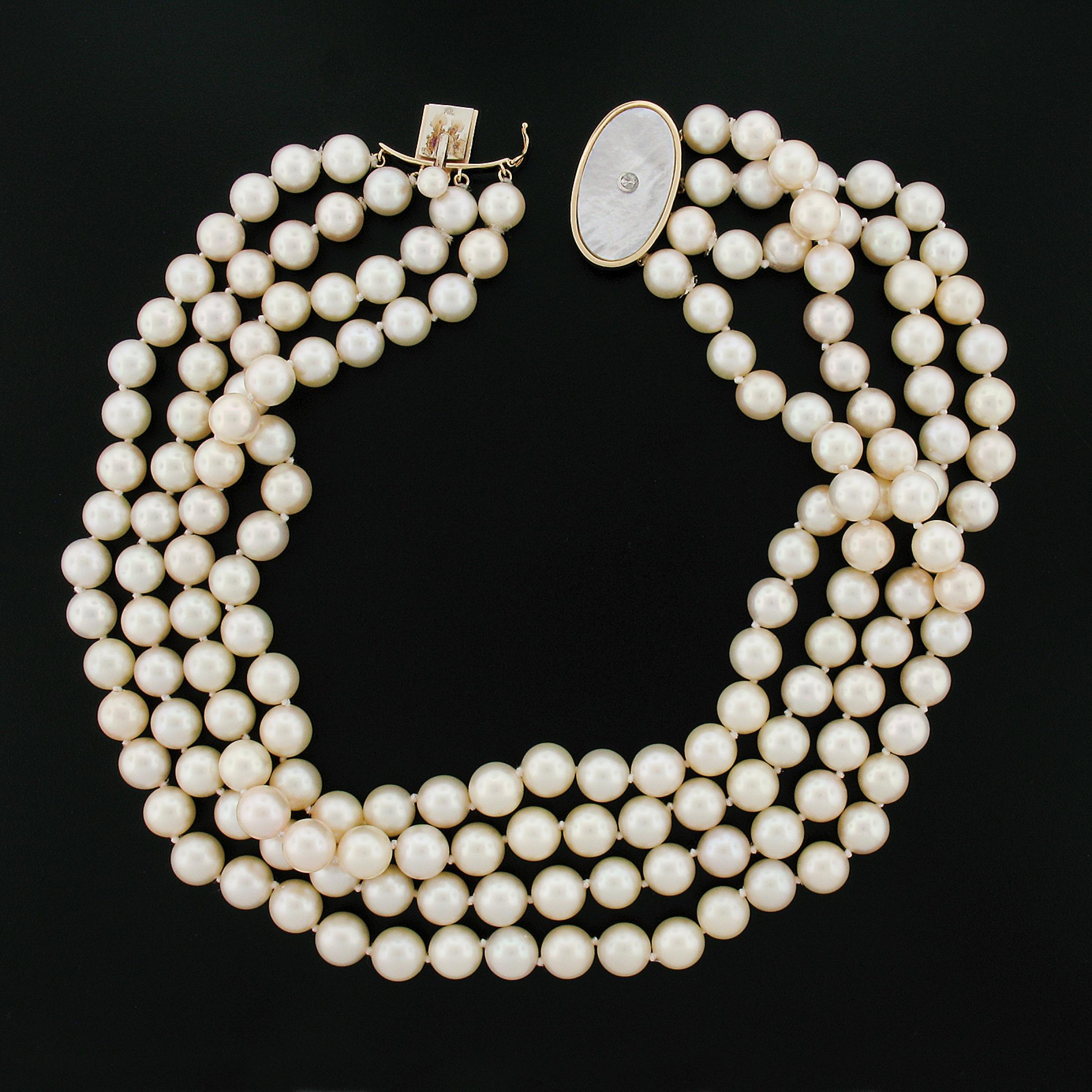 Vintage Tambetti Layered Graduated 4 Strand Pearl Necklace 14k Gold Fancy Clasp In Excellent Condition For Sale In Montclair, NJ