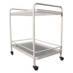 Vintage Tamiami Two Tier Glass and White Enamel Metal Bar Cart by Brown Jordan