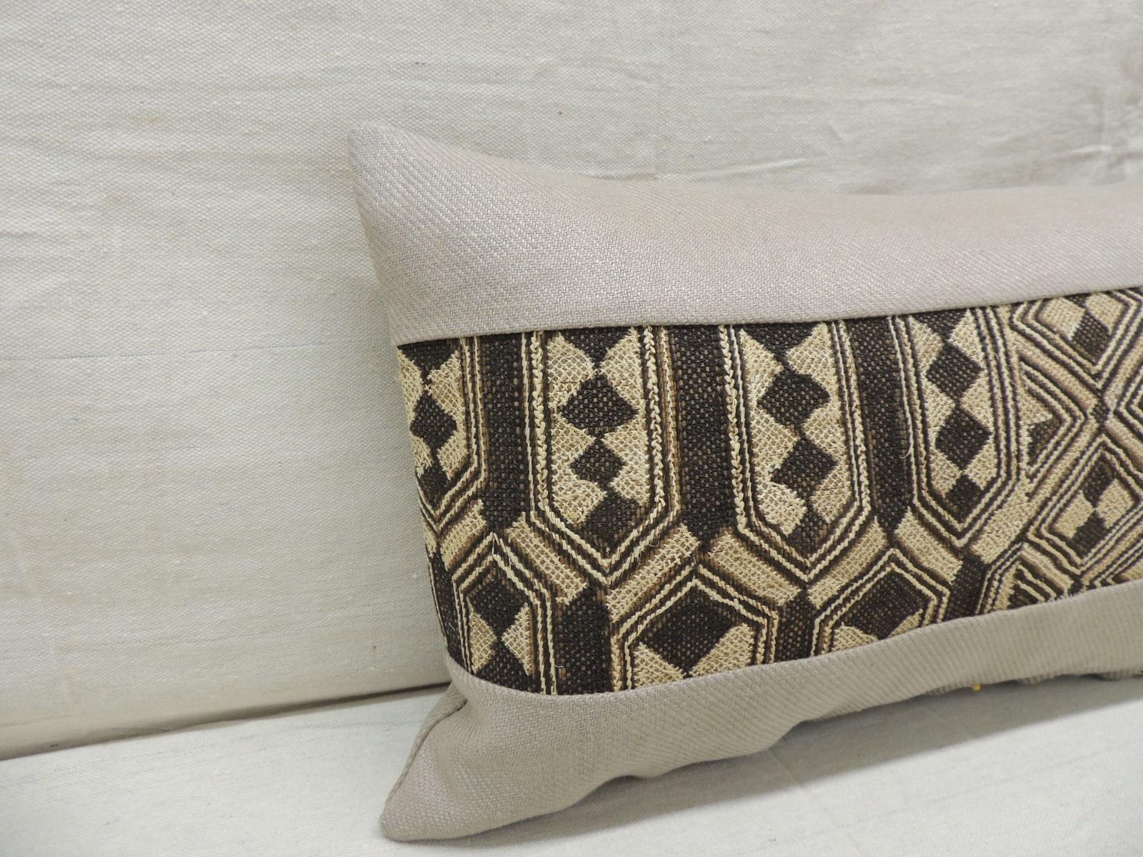 Tribal Vintage Tan and Black African Kuba Lumbar Decorative Pillow