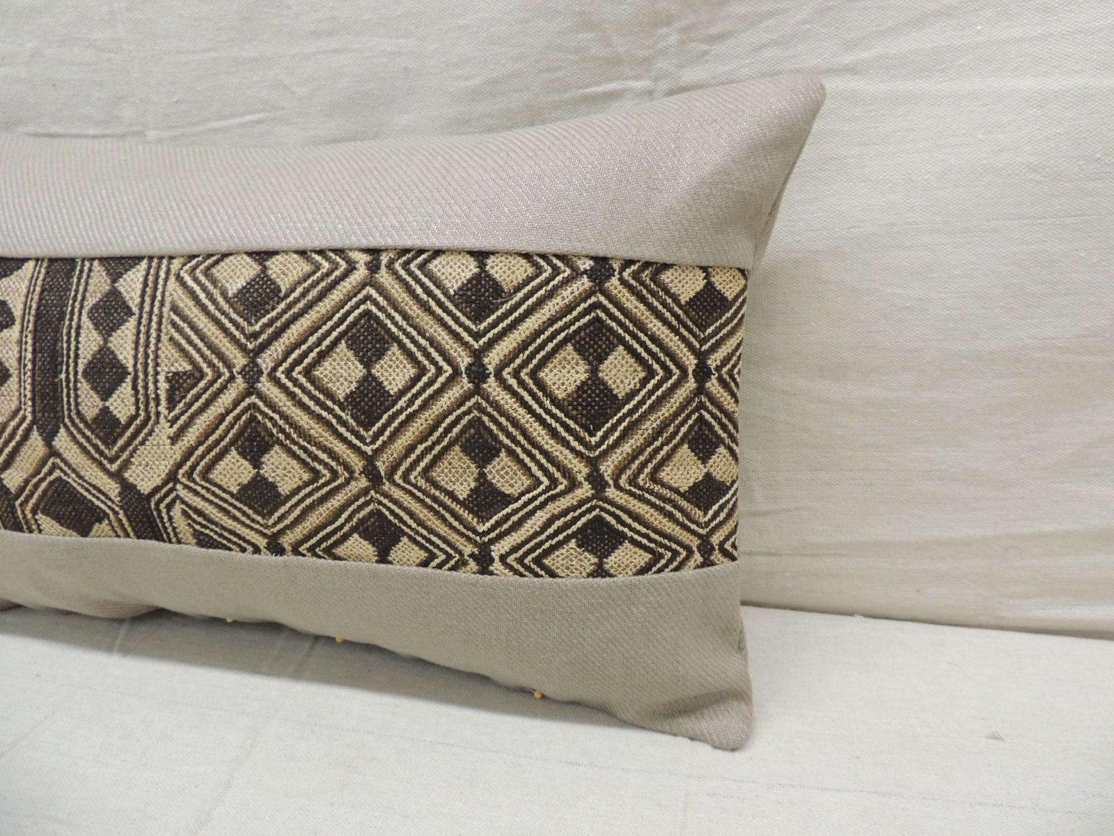 Congolese Vintage Tan and Black African Kuba Lumbar Decorative Pillow