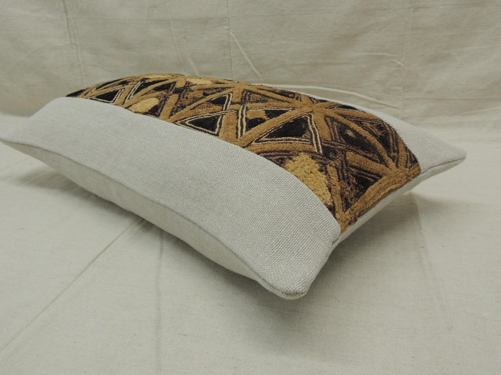 Congolese Vintage Tan and Black African Kuba Lumbar Decorative Pillow