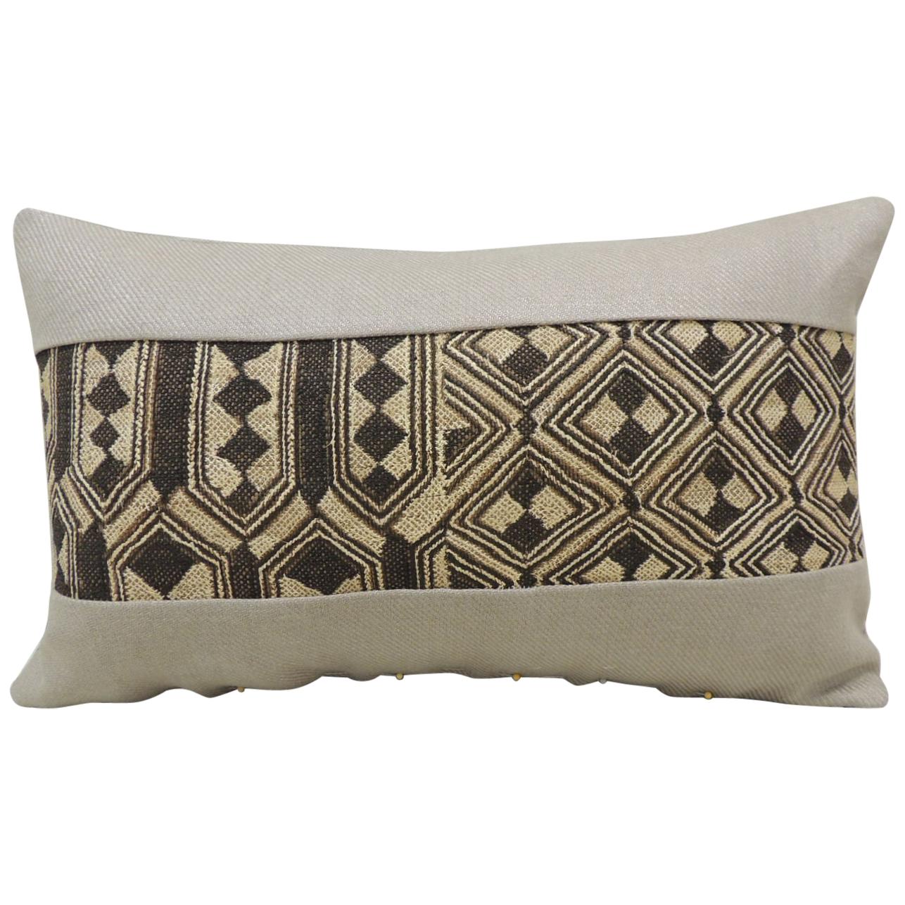 Vintage Tan and Black African Kuba Lumbar Decorative Pillow