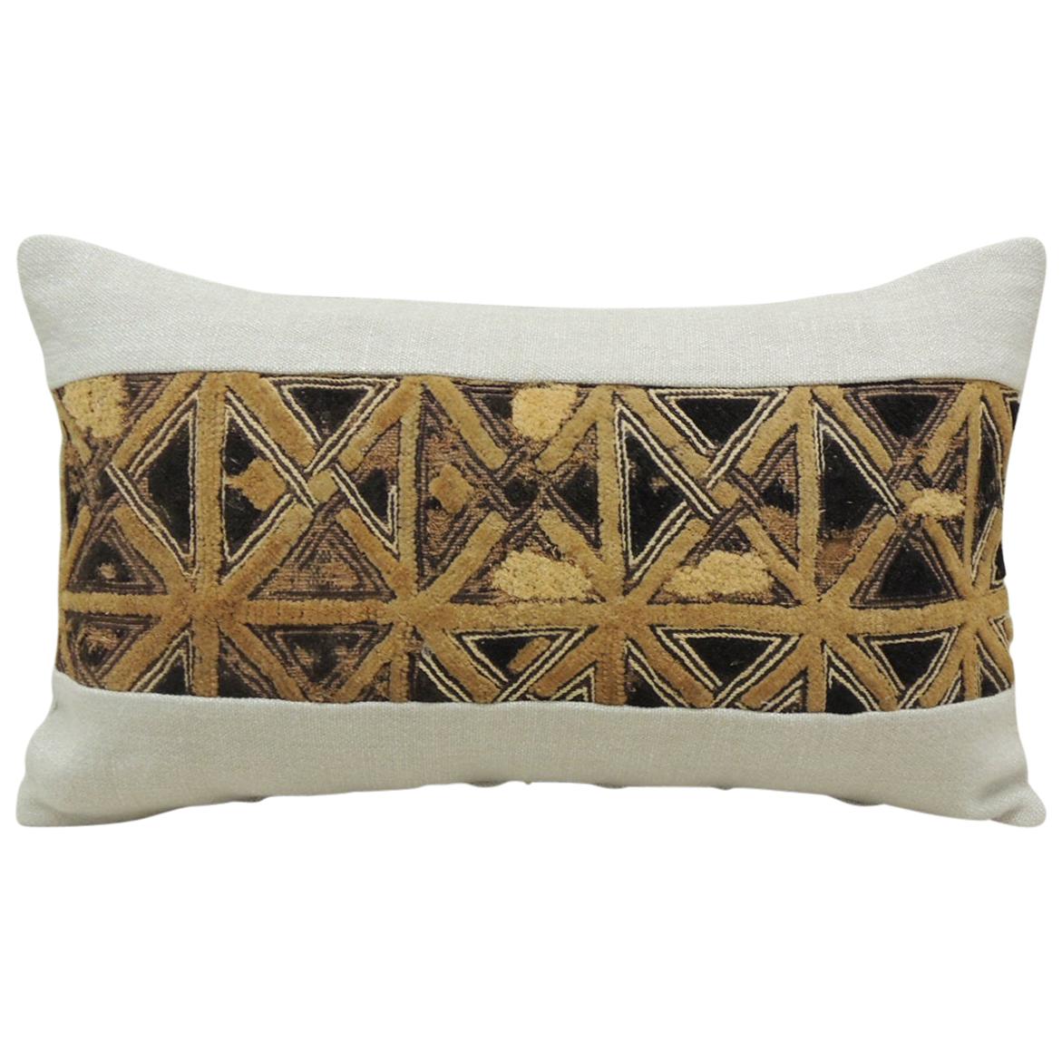 Vintage Tan and Black African Kuba Lumbar Decorative Pillow