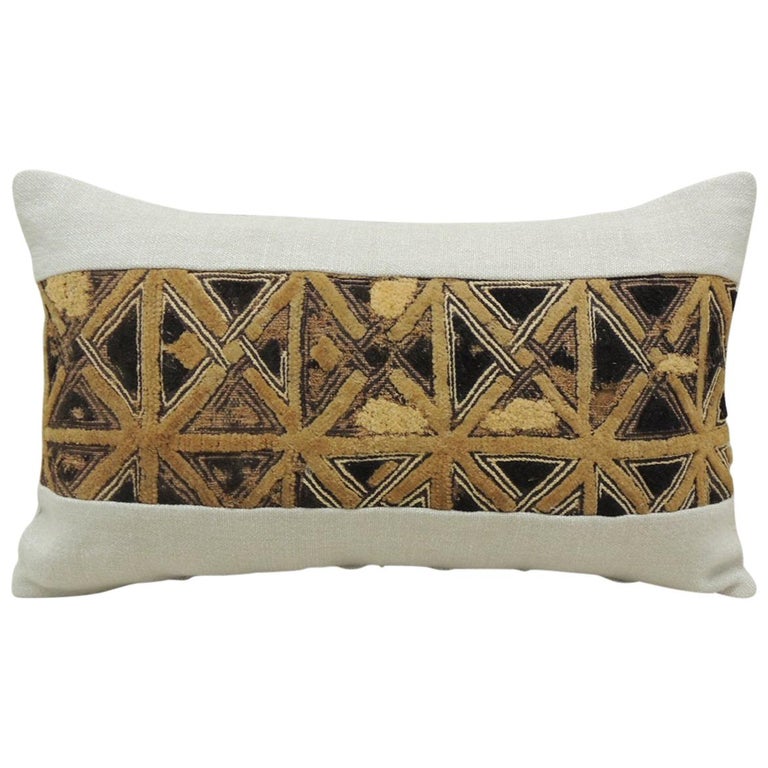 Vintage Tan and Black African Kuba Lumbar Decorative Pillow For Sale at