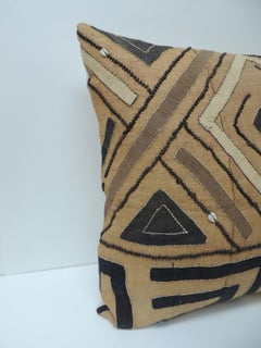 Vintage Tan and Black Raffia Appliqué Kuba Decorative Pillow